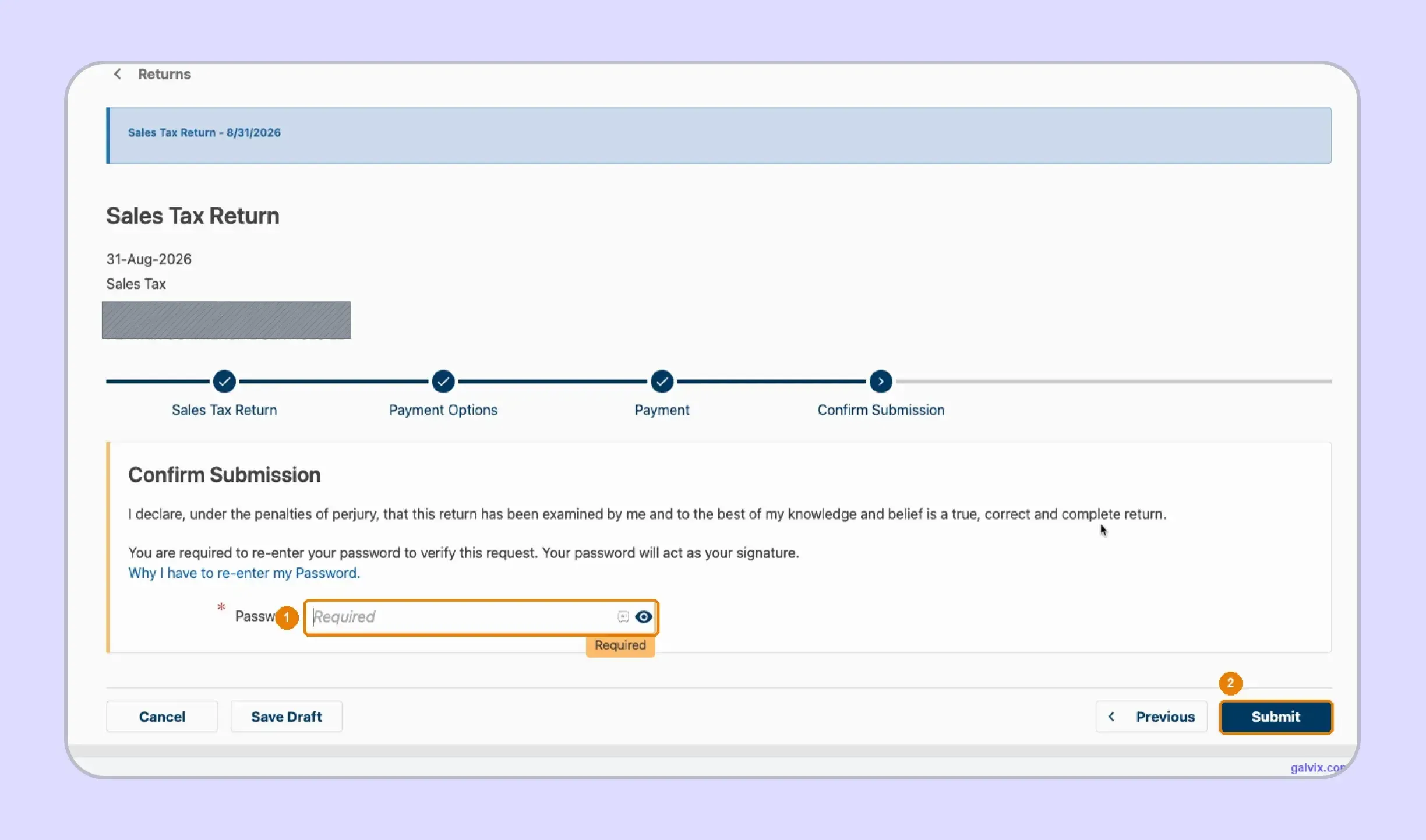 Mississippi TAP final password and sales tax submission screen