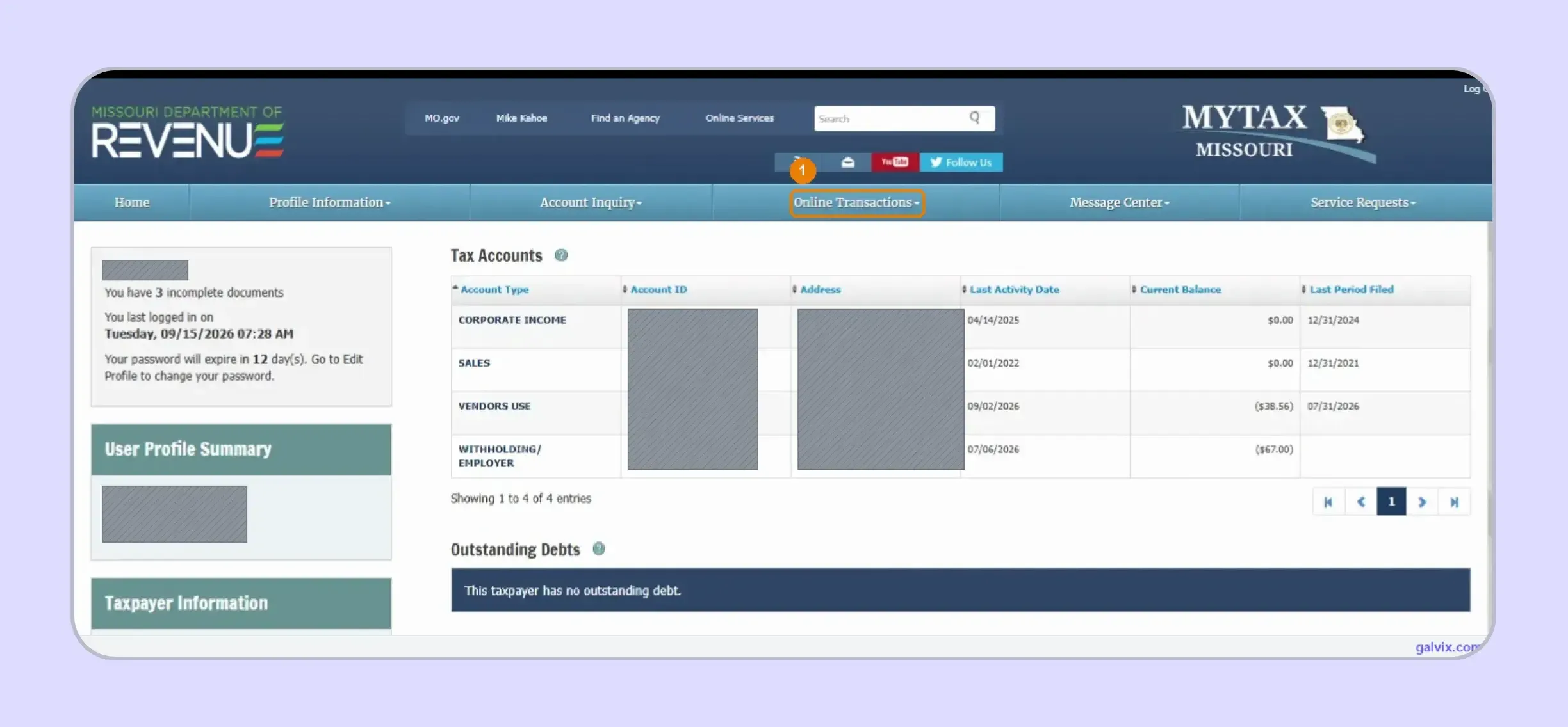 Missouri sales tax account selection inside MyTax portal