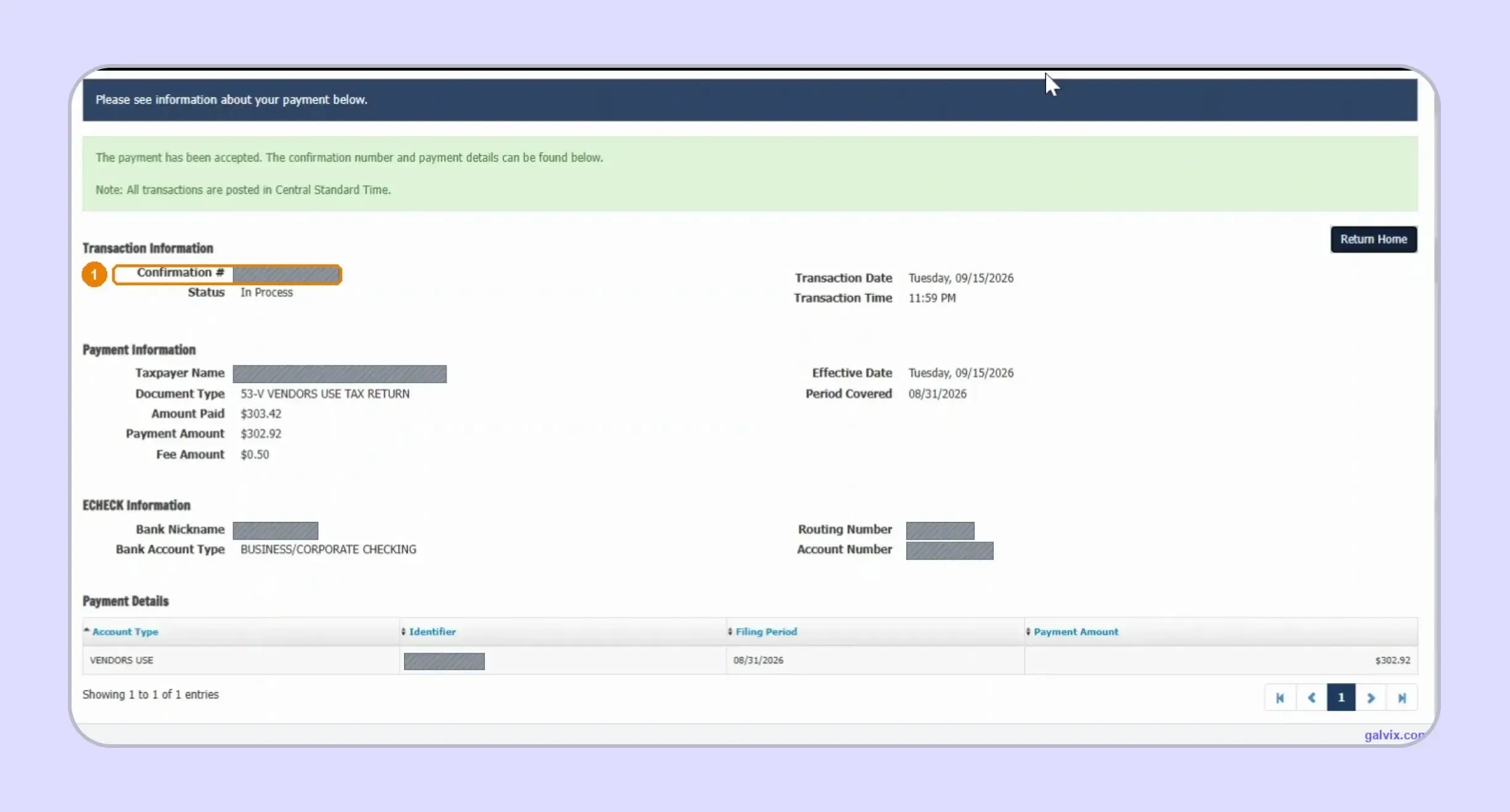 Missouri sales tax payment confirmation from MyTax Missouri