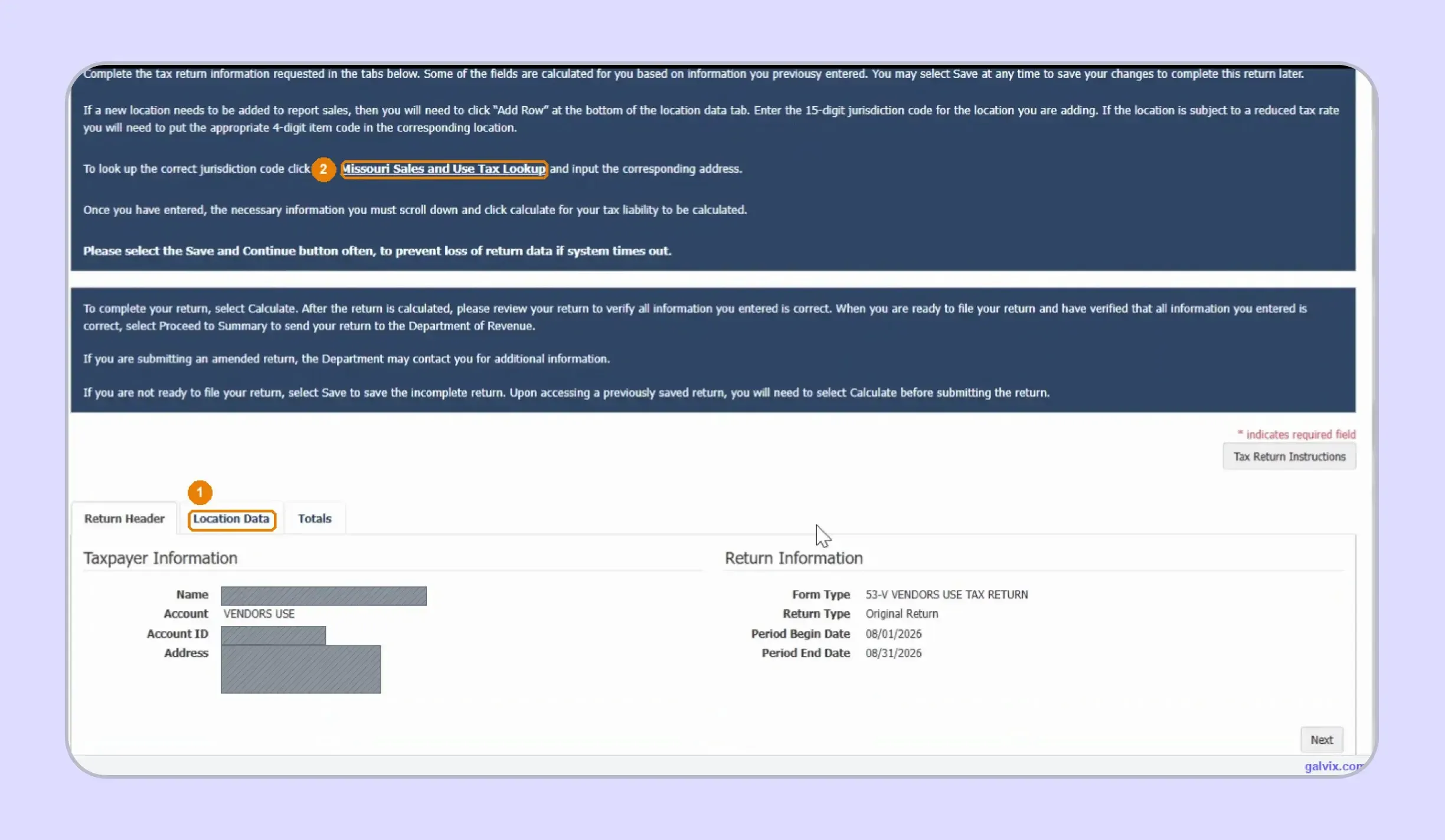 Missouri sales tax return header and jurisdiction lookup