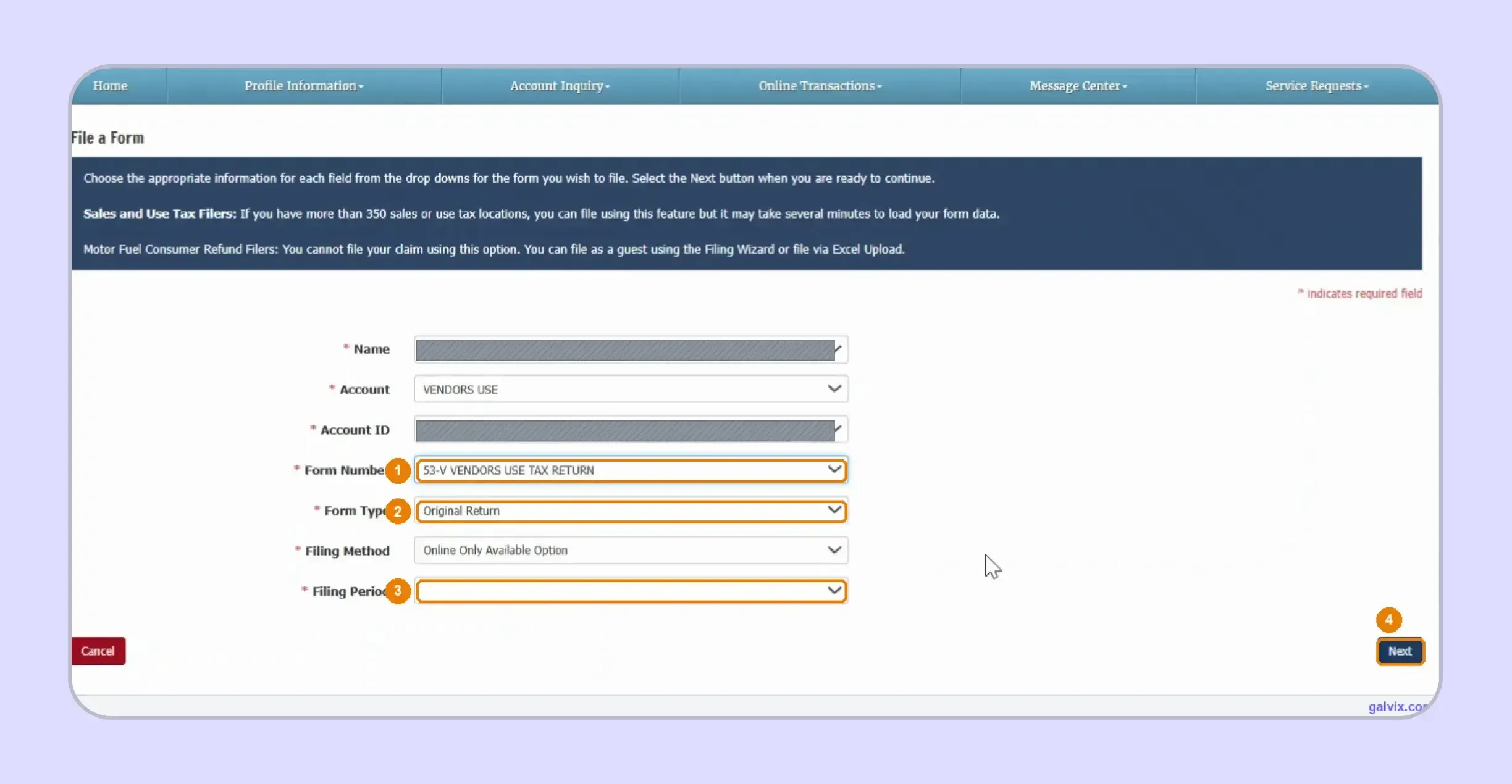 Missouri sales tax return online form and period selection
