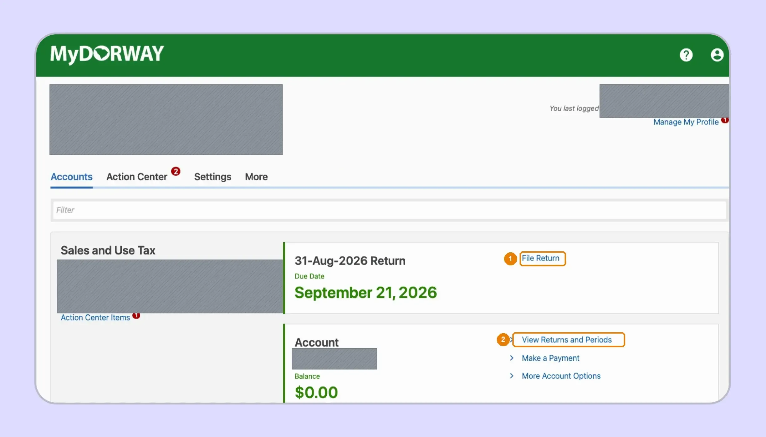 MyDORWAY account showing South Carolina sales tax filing options
