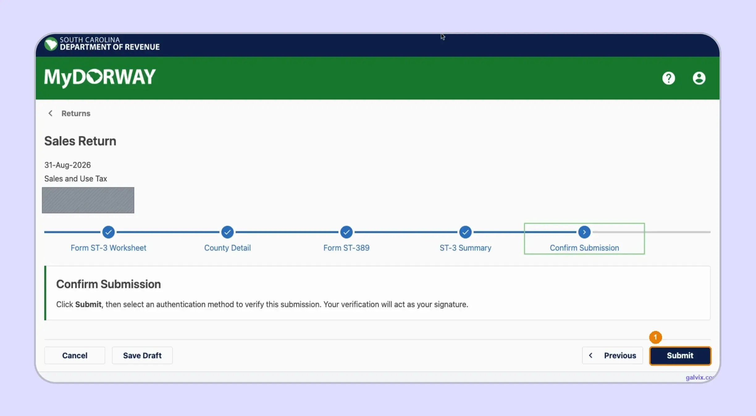 MyDORWAY confirmation screen before South Carolina tax filing