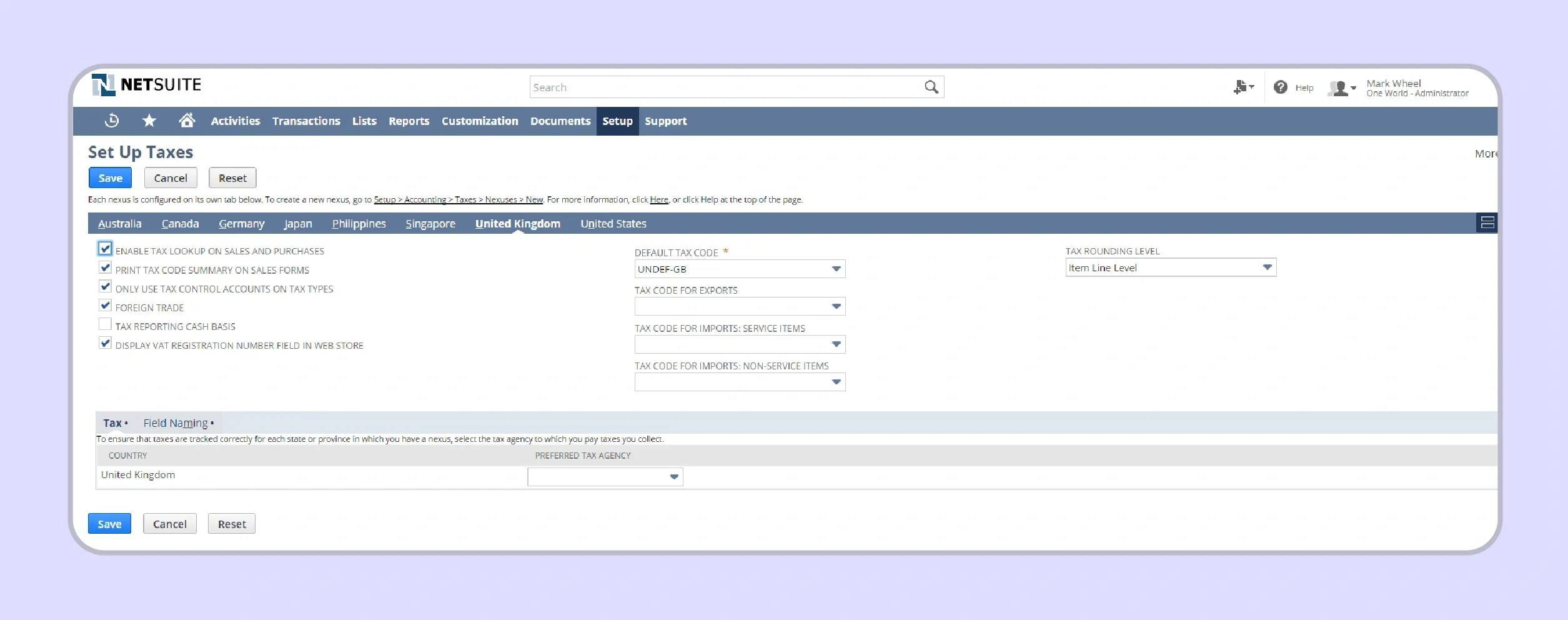 NetSuite Setup menu showing tax configuration options