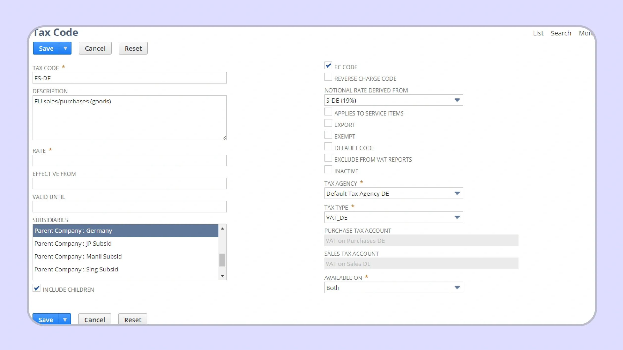 NetSuite tax code creation form for setting up state sales tax jurisdiction rates