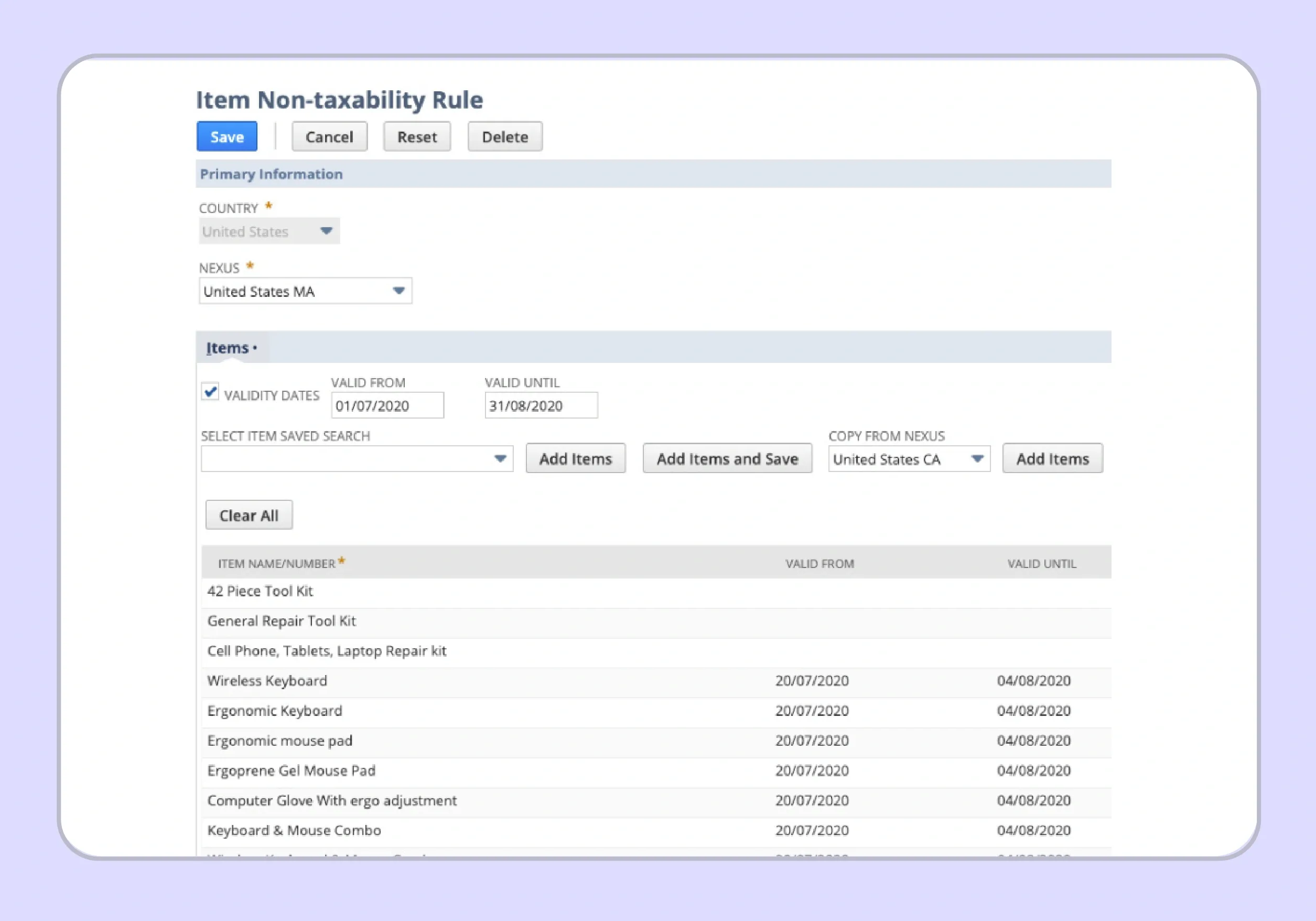 NetSuite tax schedules screen showing non-taxability rule assignments