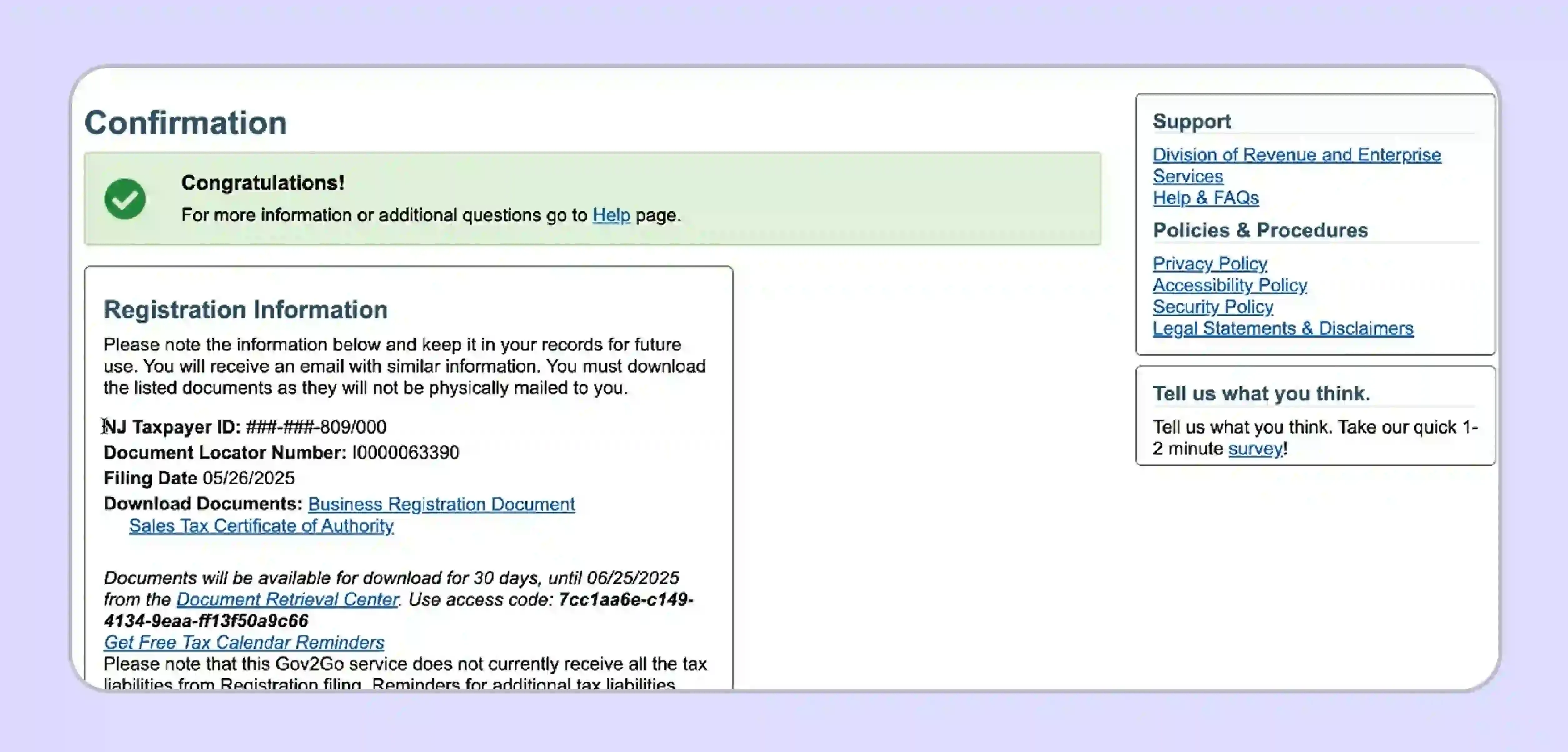 New Jersey Sales Tax Registration confirmation screen for approved sellers