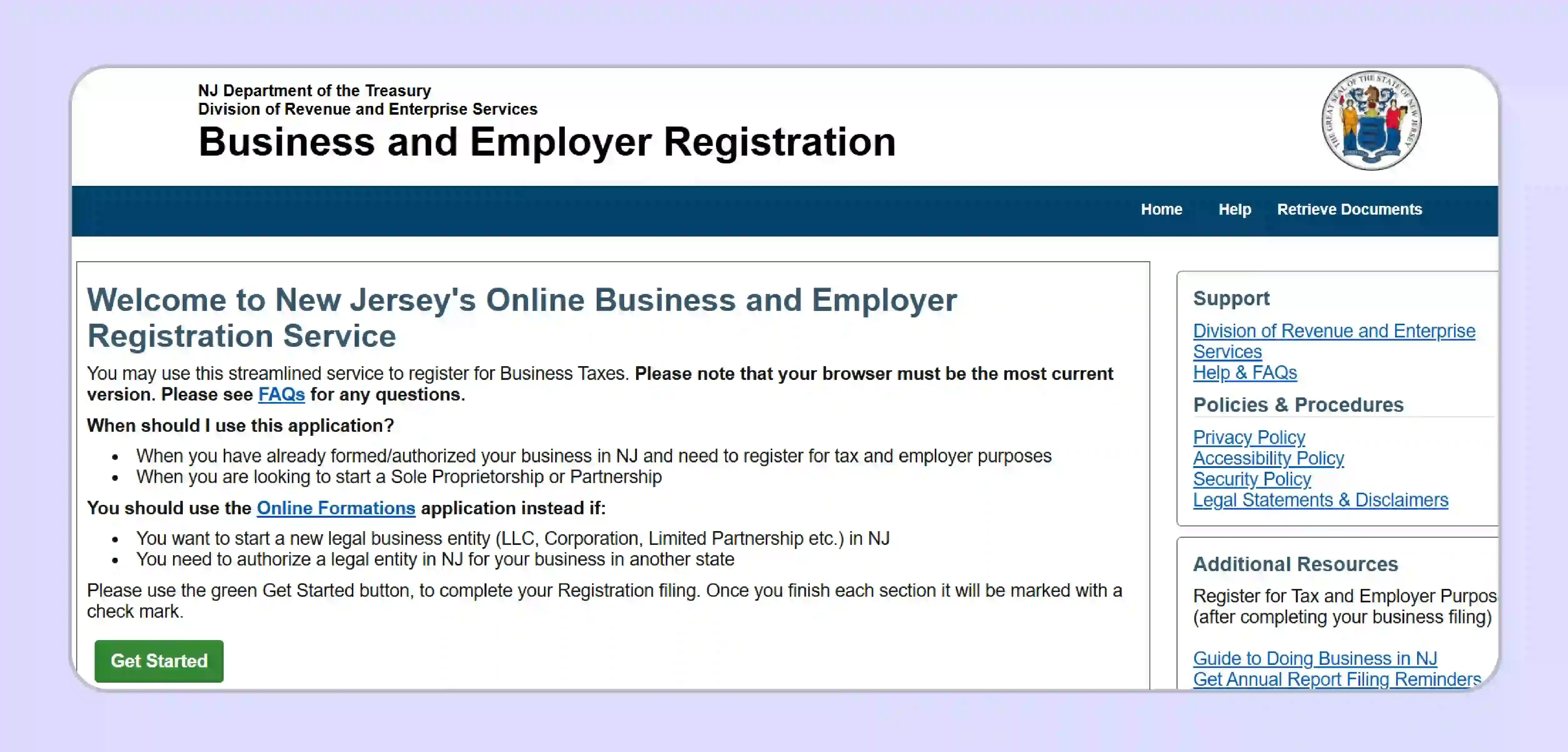 New Jersey sales tax registration portal homepage for sellers