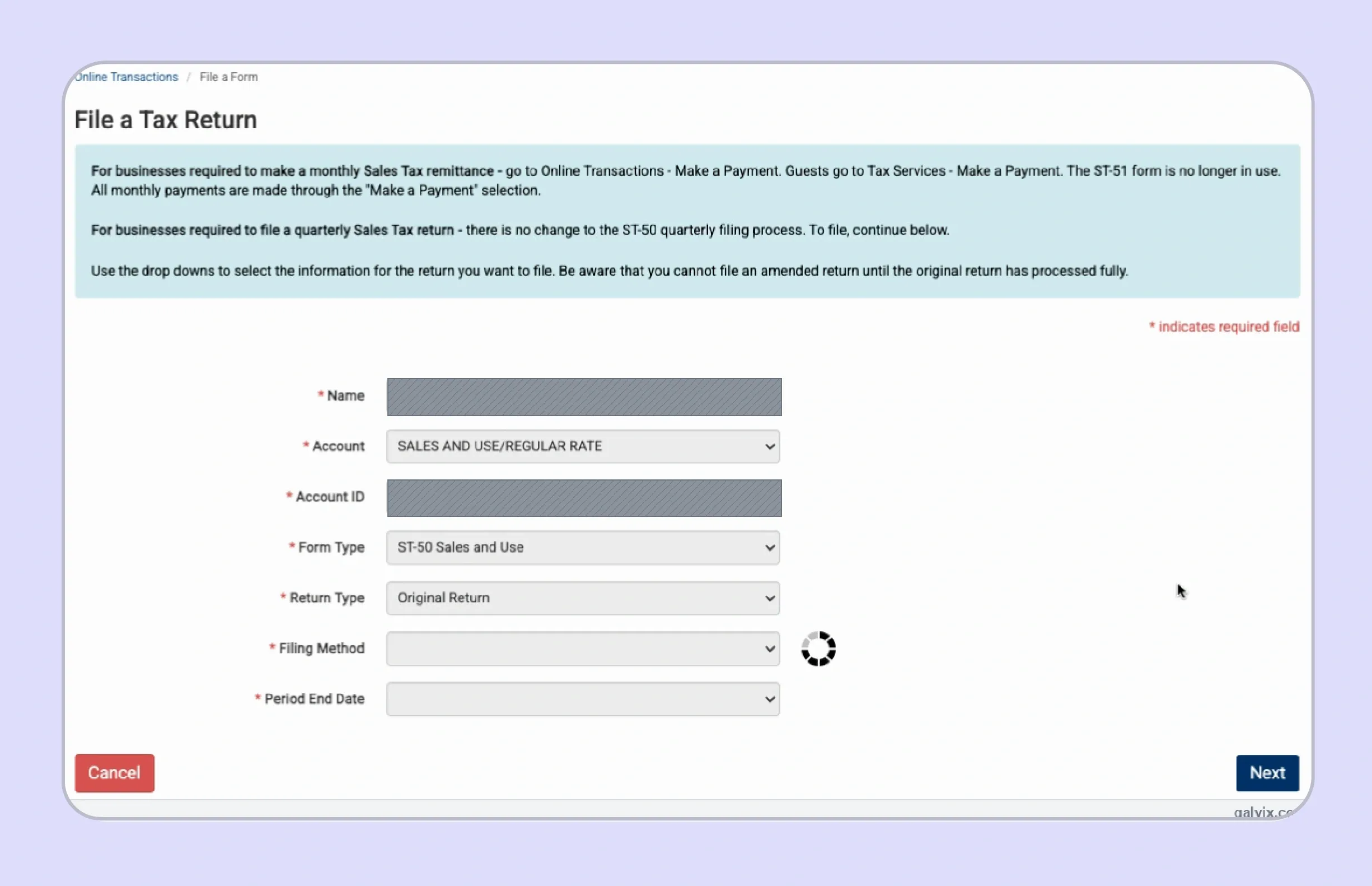 New Jersey sales tax return online filing selections