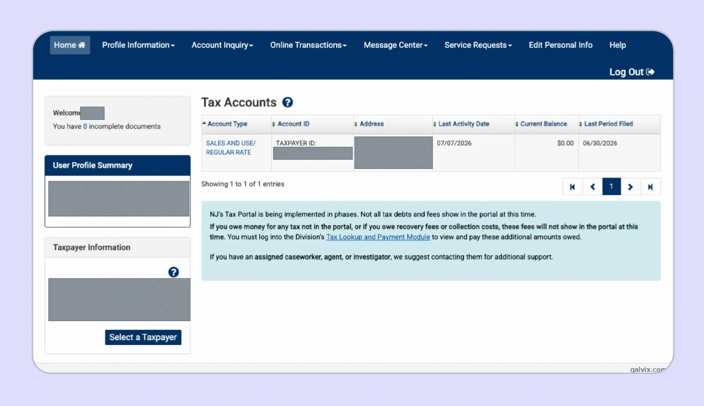 New Jersey tax account selected before online filing