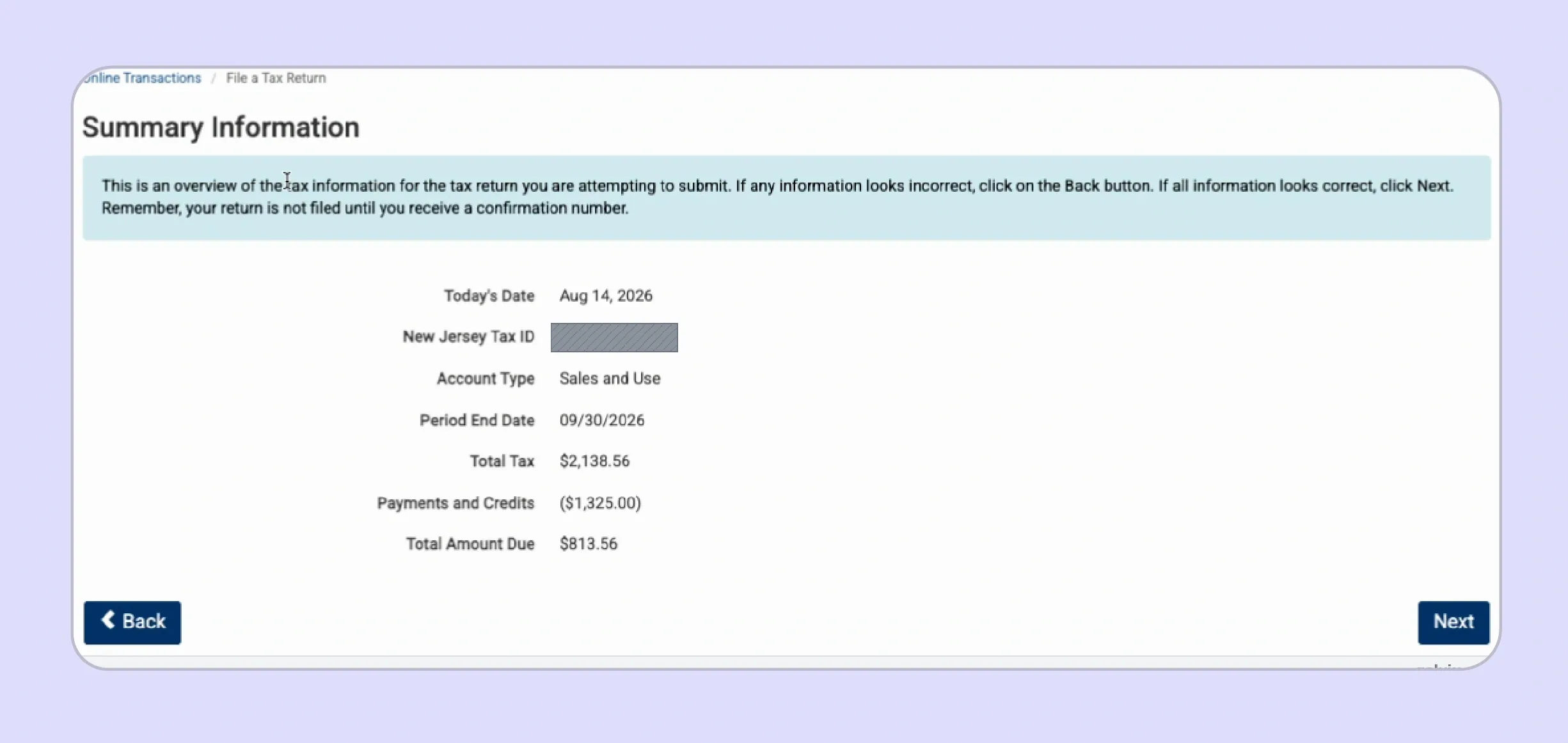 New Jersey tax return summary before submission