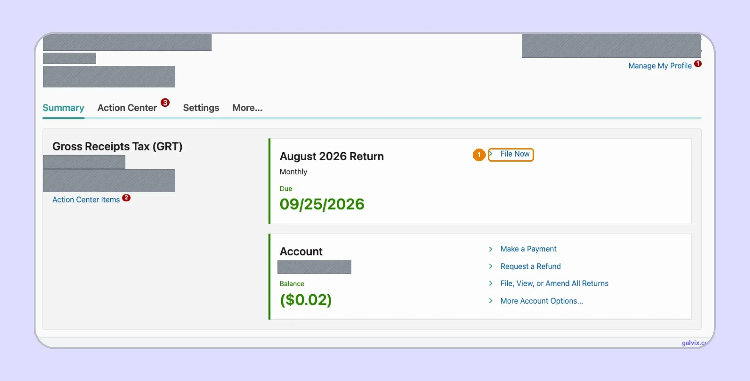  New Mexico GRT account showing available filing period