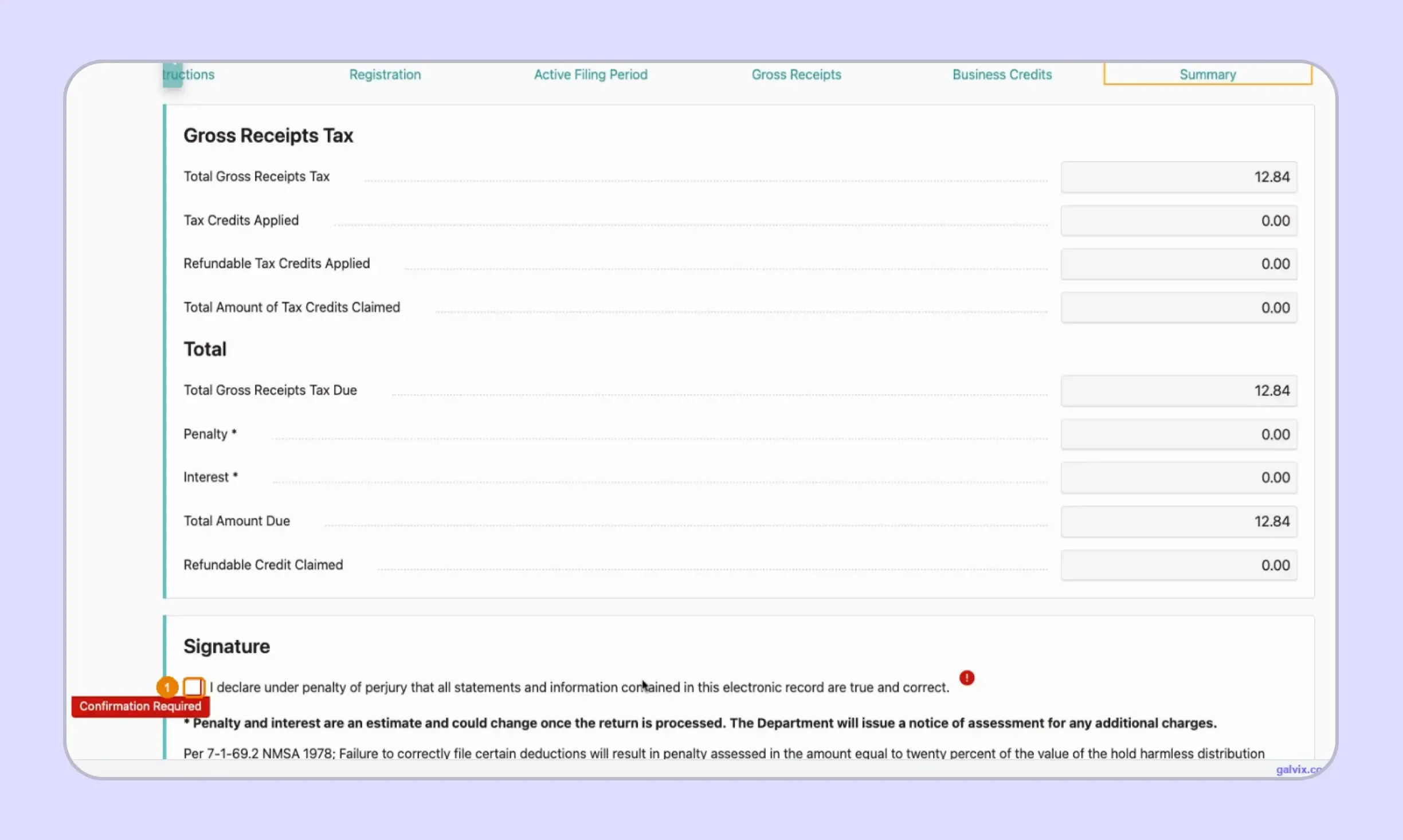 New Mexico GRT summary before electronic return signature