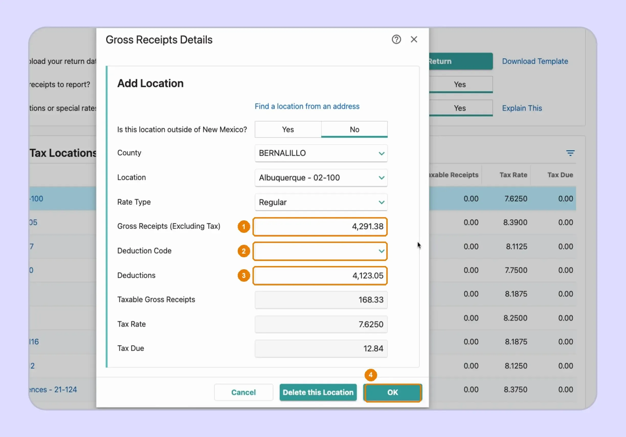 New Mexico sales tax return entering receipts and deductions
