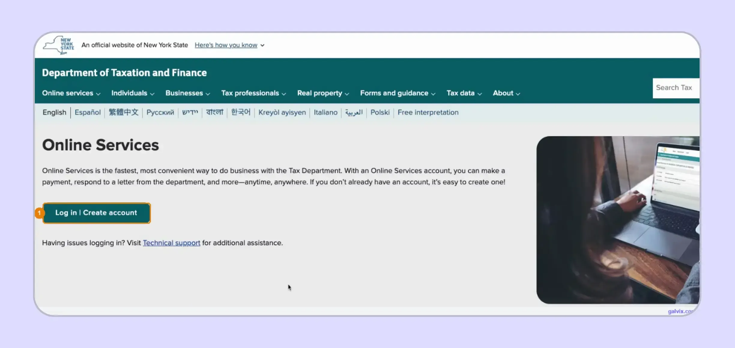 New York Online Services login for sales tax filing
