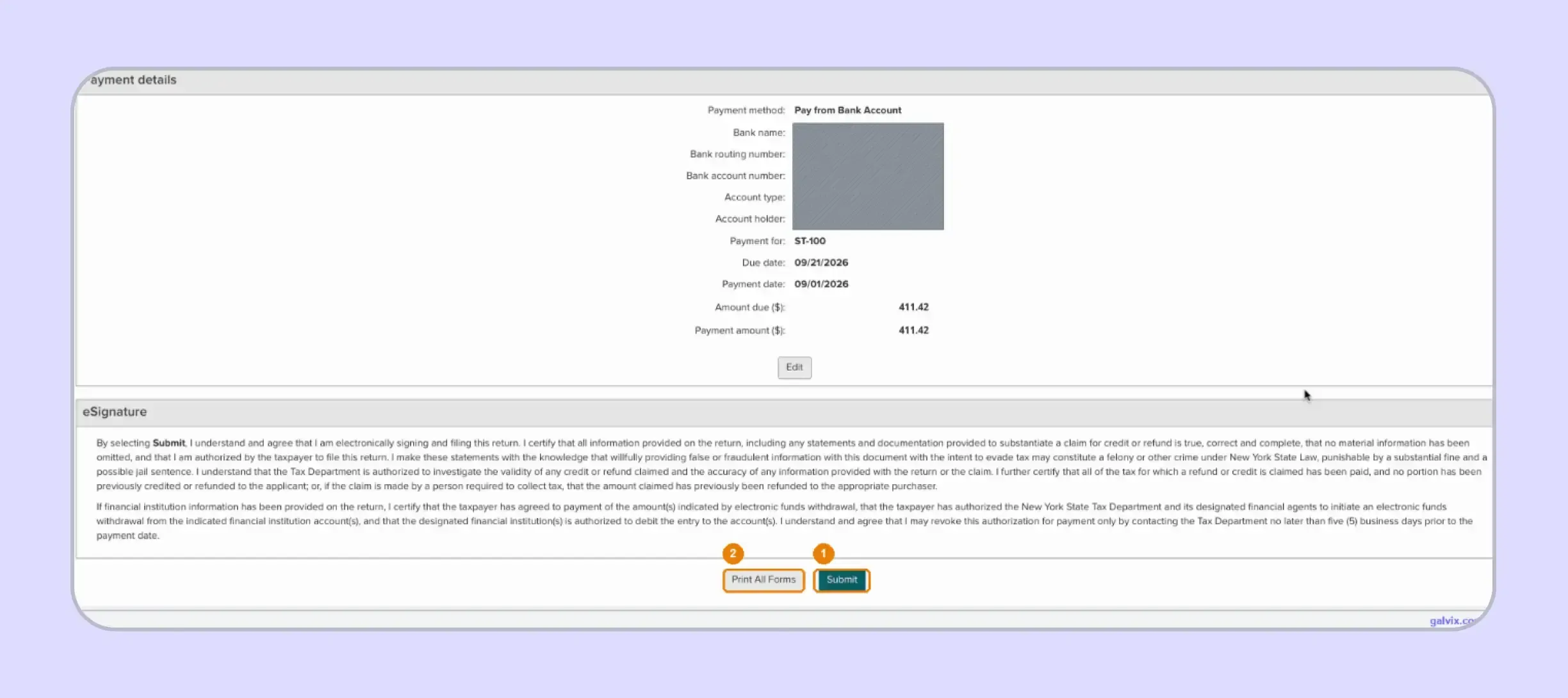 New York sales tax return review and Submit screen