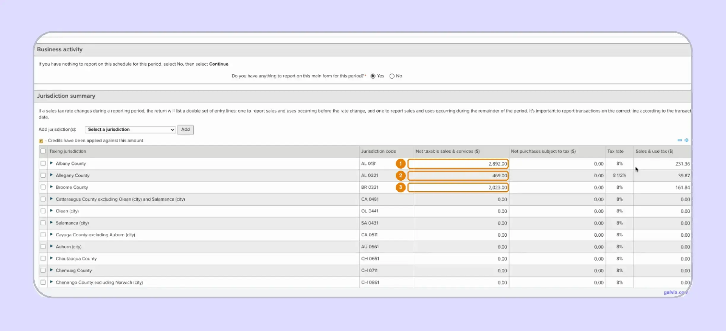 New York sales tax return with jurisdiction sales entered