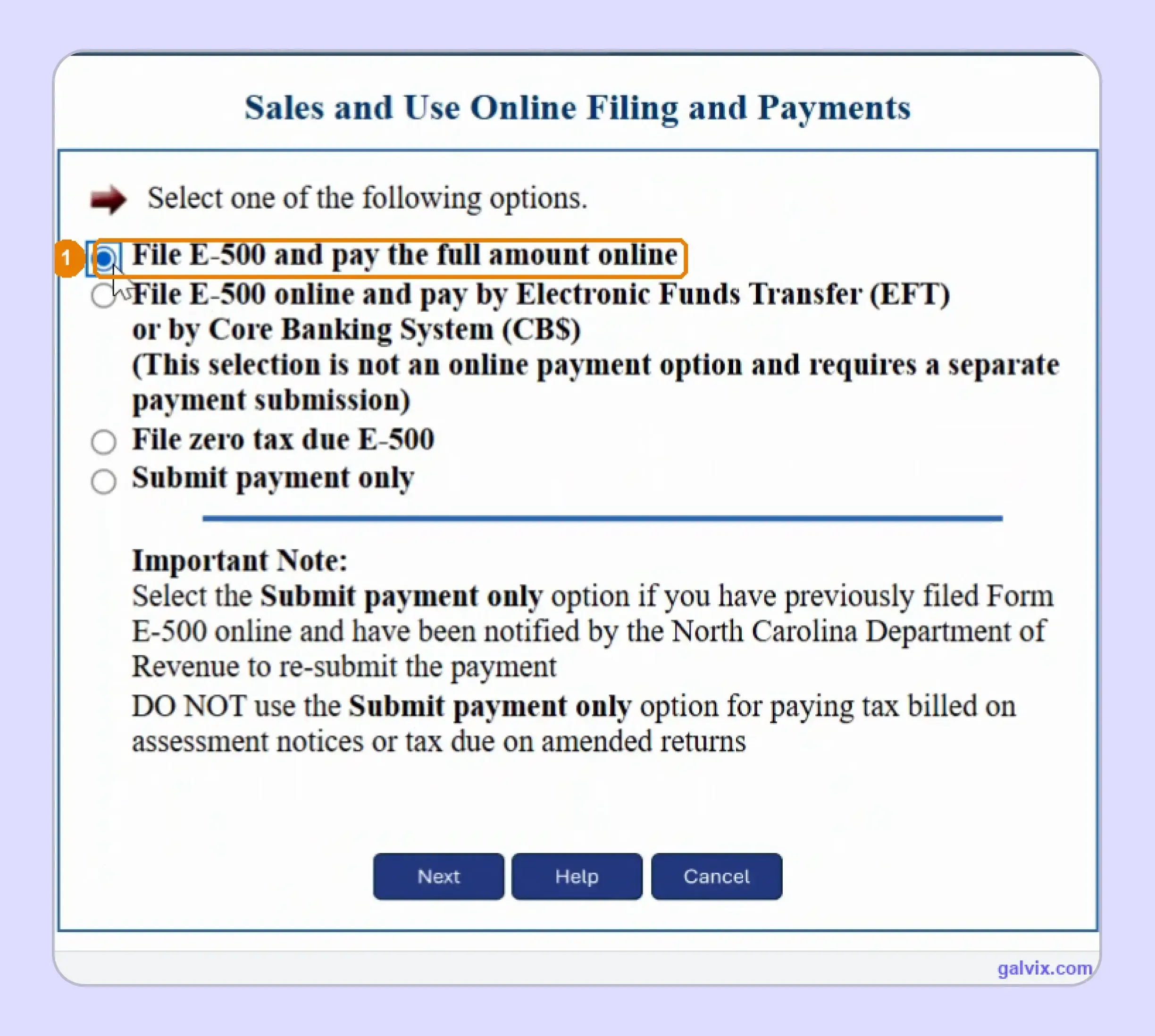 North Carolina E-500 filing options and payment choices