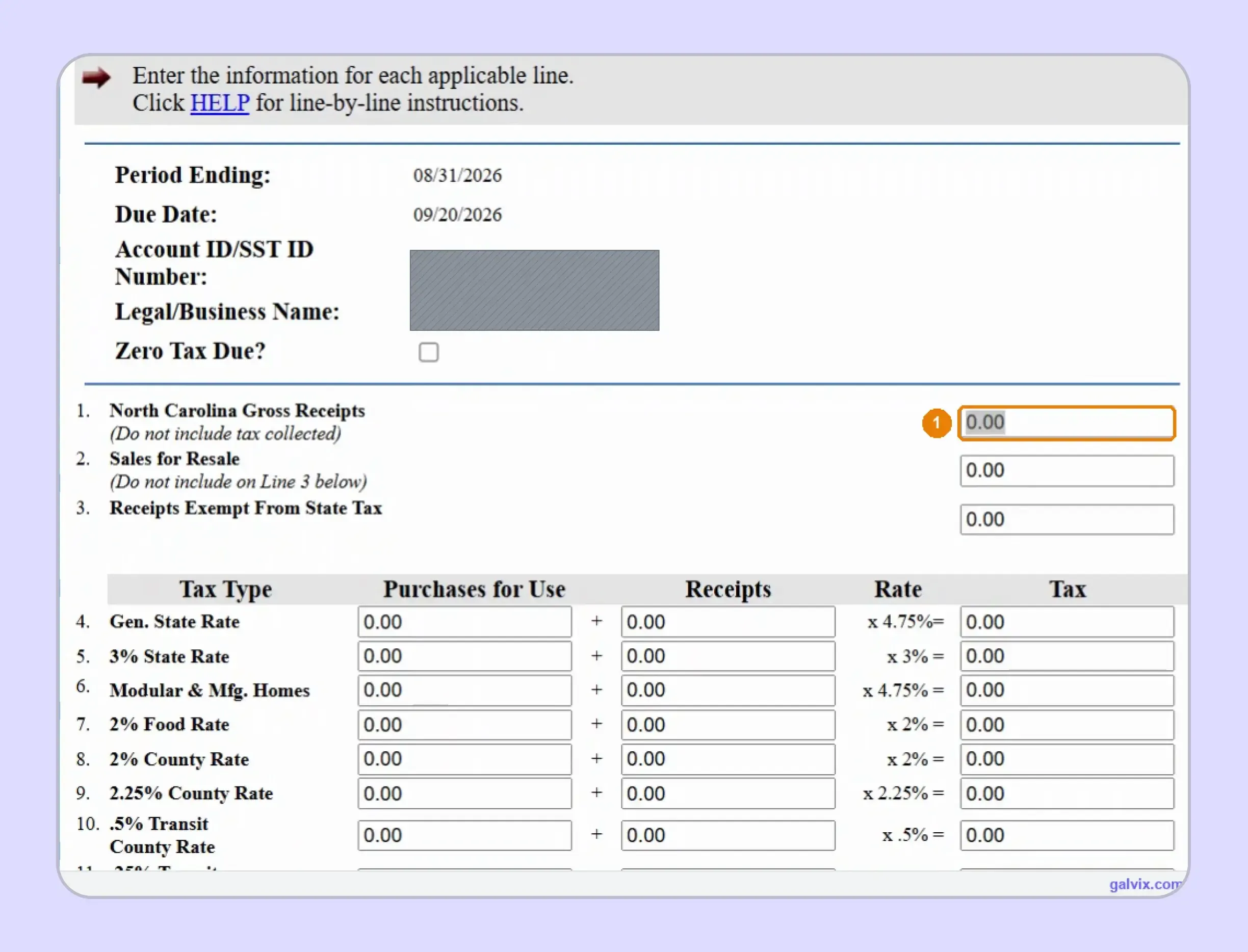 North Carolina E-500 sales and use tax entry screen