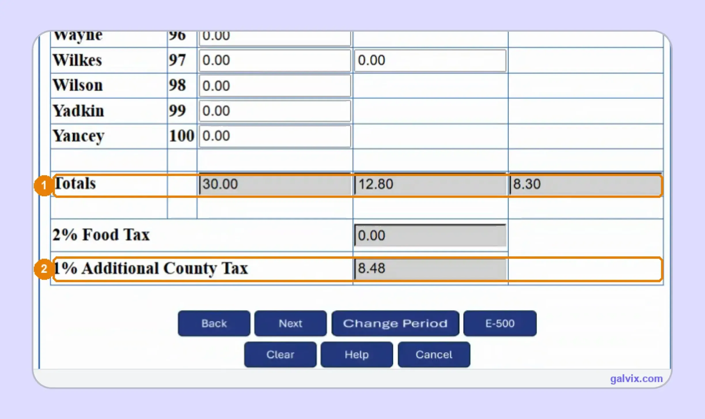 North Carolina E-536 food and Mecklenburg tax totals