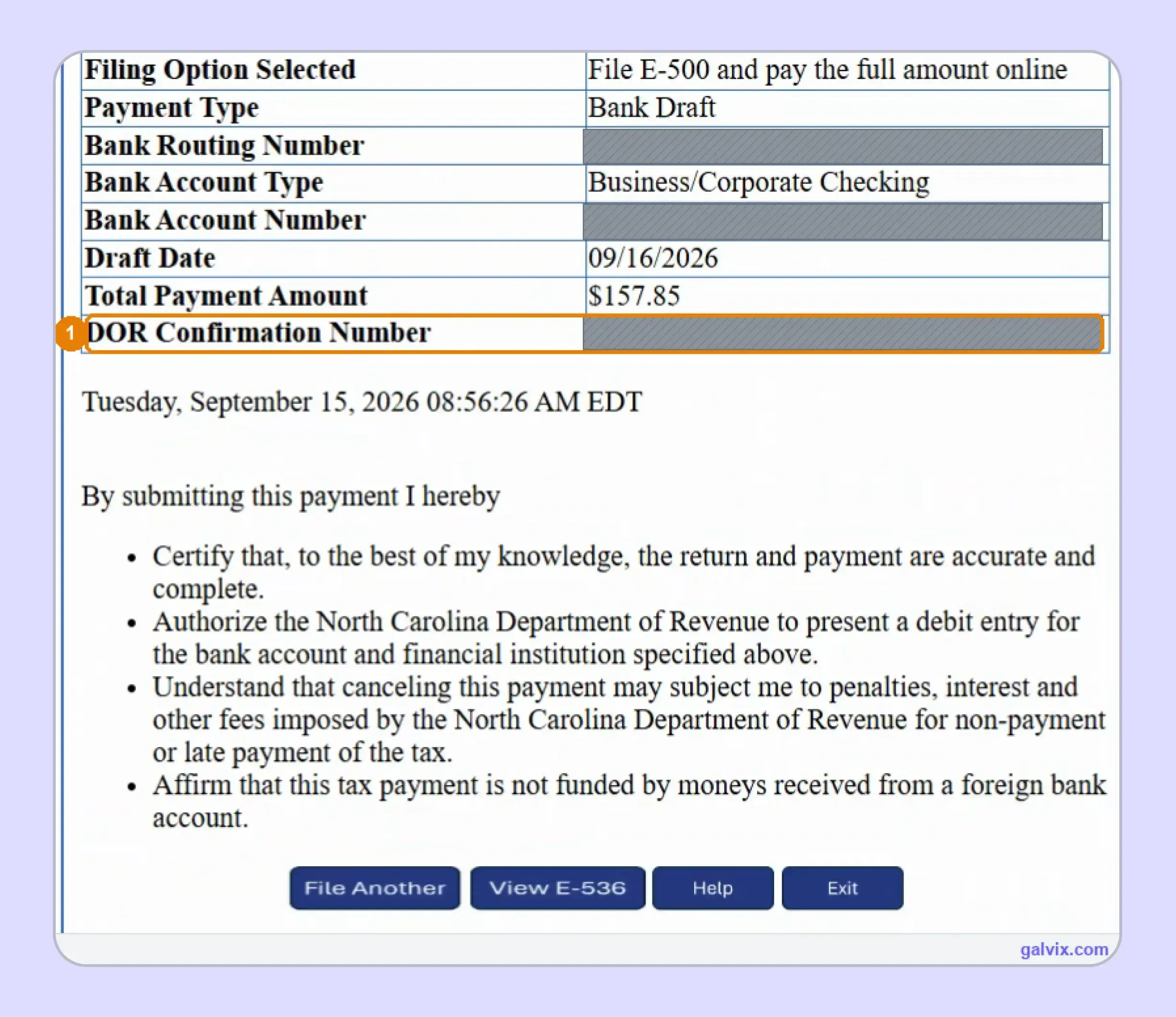North Carolina sales tax filing confirmation and proof