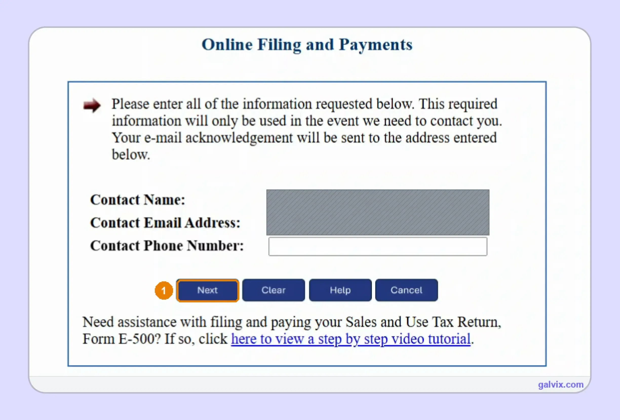 North Carolina sales tax online filing contact screen