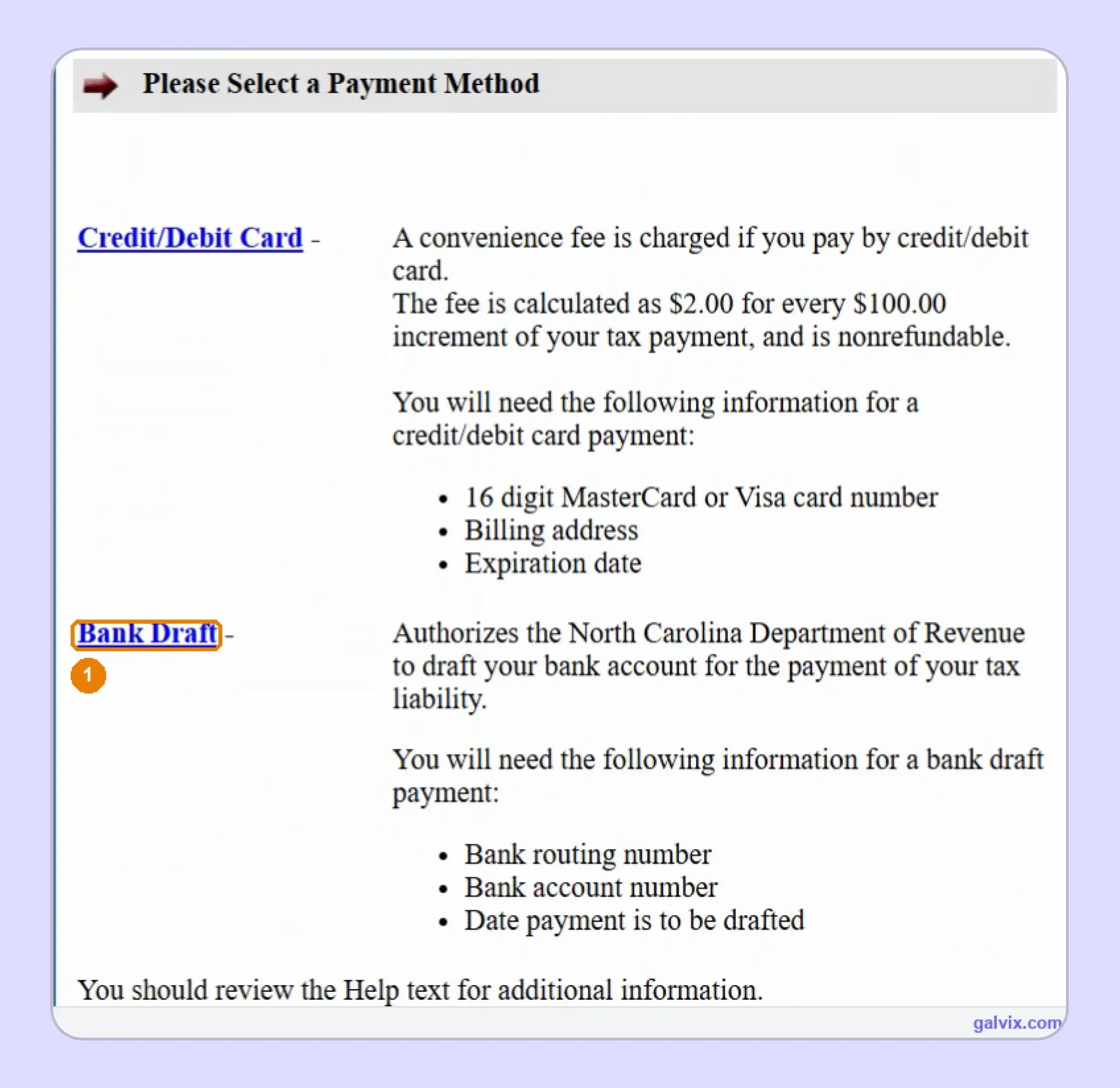 North Carolina sales tax payment method selection screen