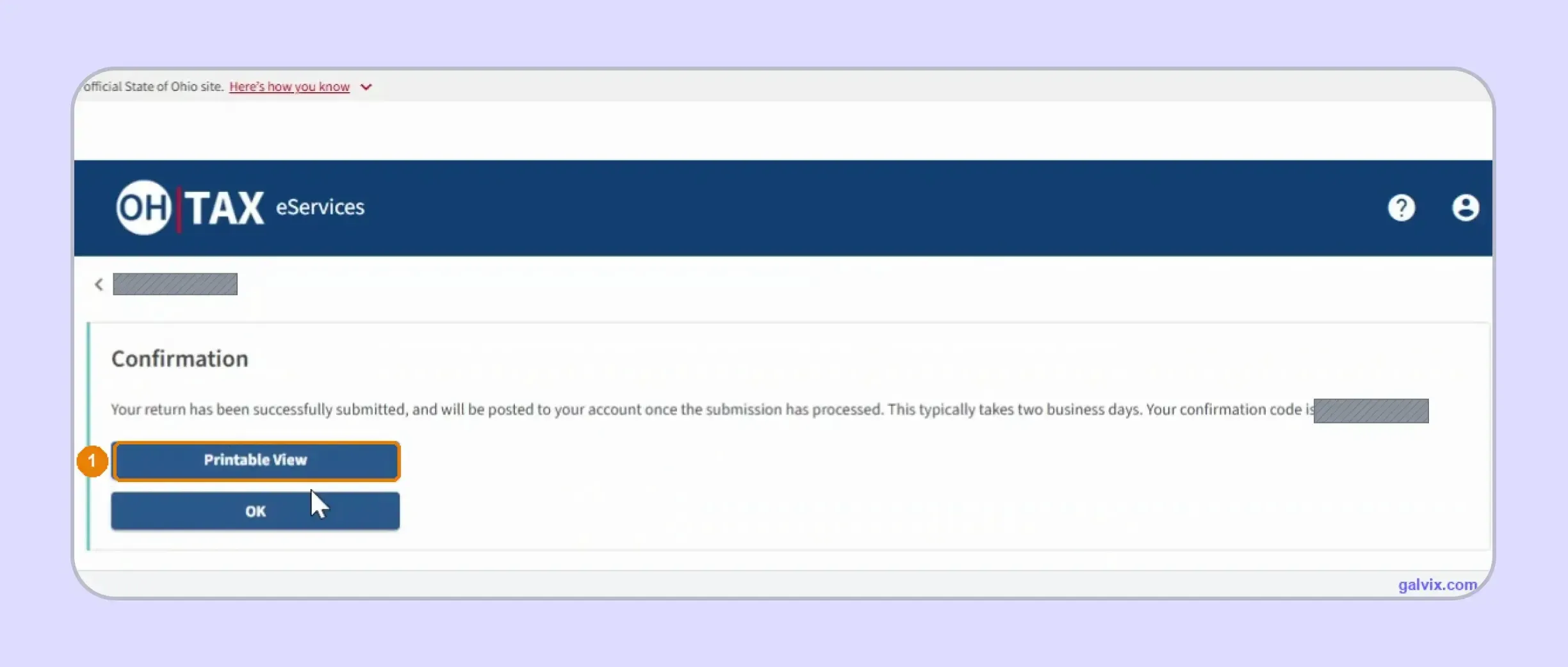 Ohio sales tax return confirmation after successful online filing
