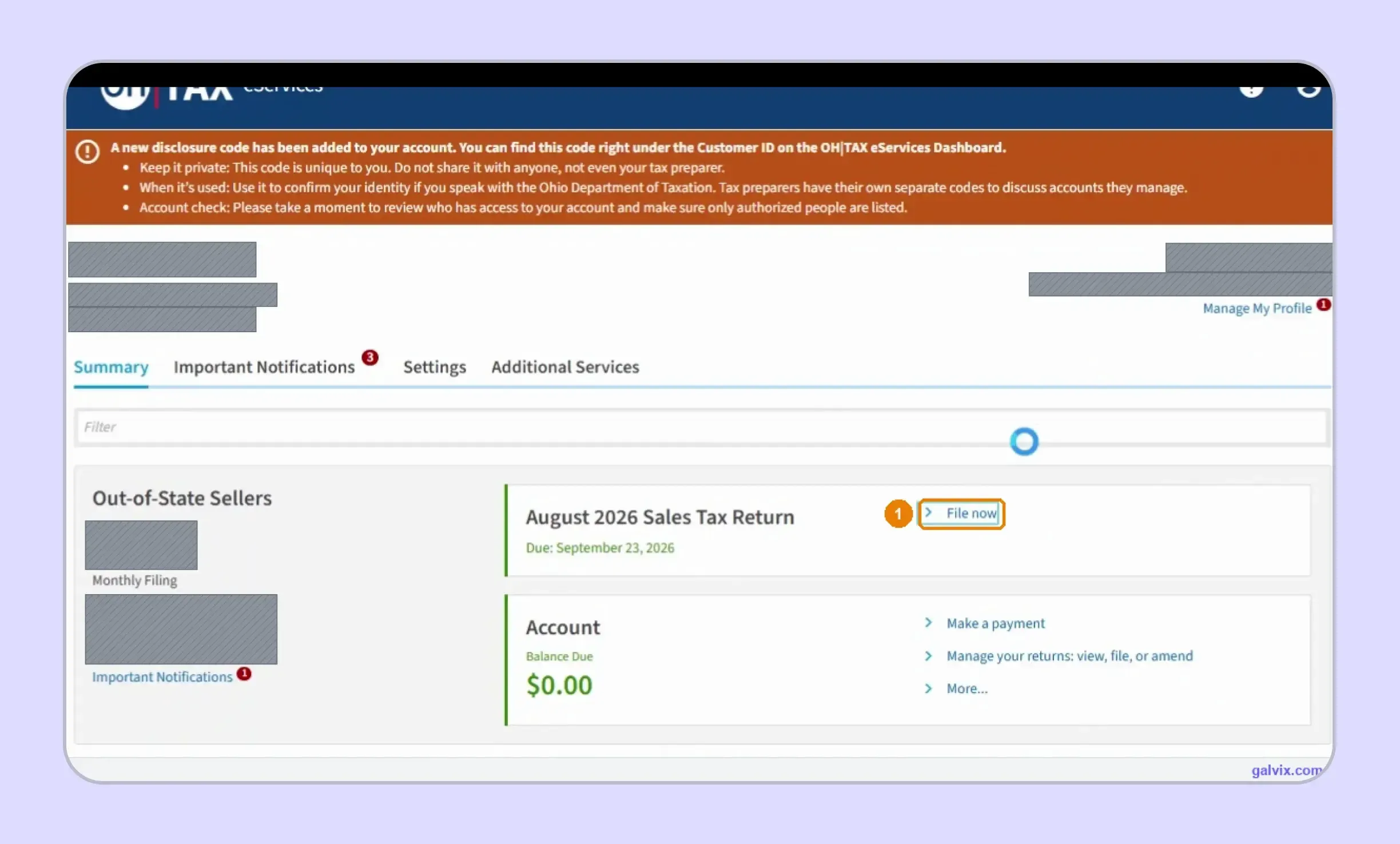 Ohio sales tax return dashboard showing File now option