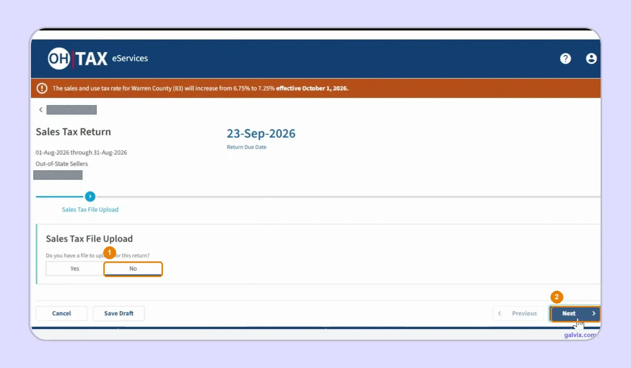Ohio sales tax return manual entry selection screen