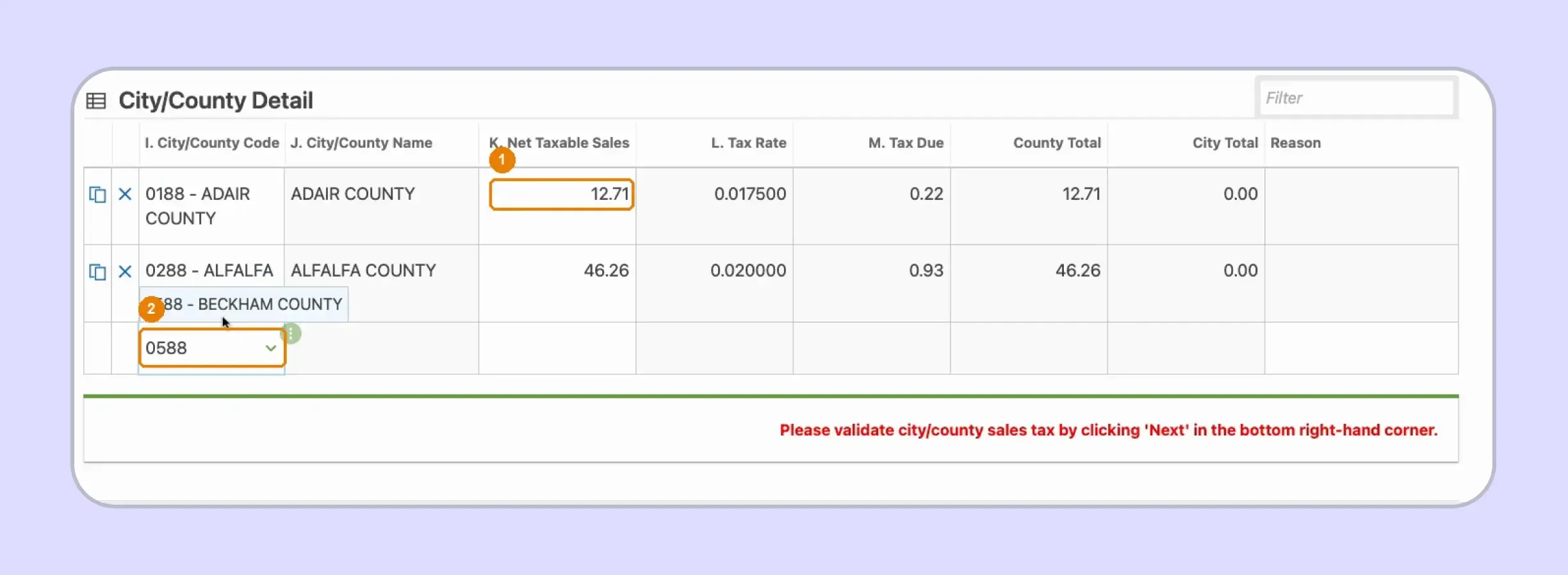 Oklahoma COPO schedule showing taxable sales and tax