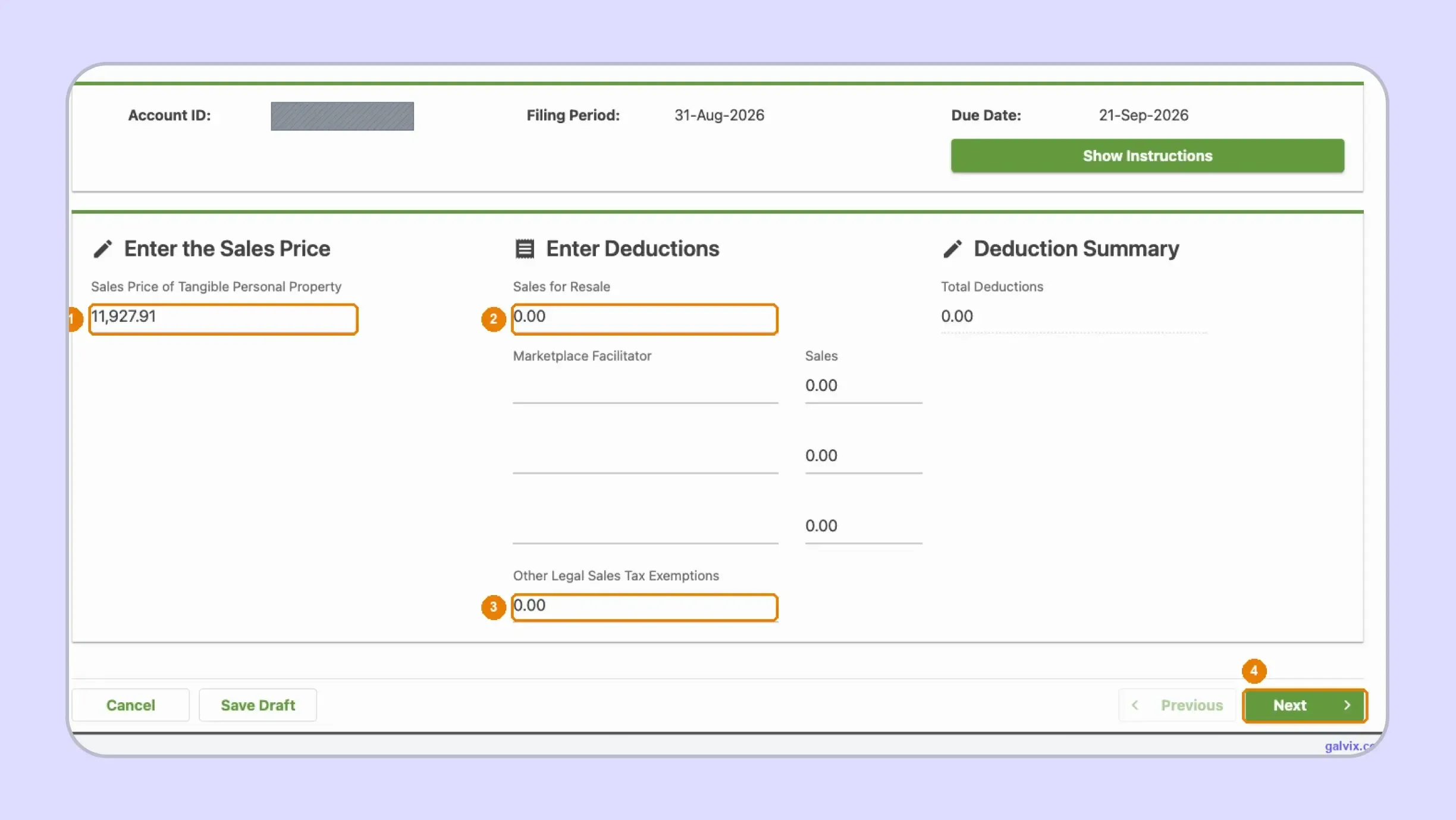 Oklahoma sales tax return sales and deduction fields