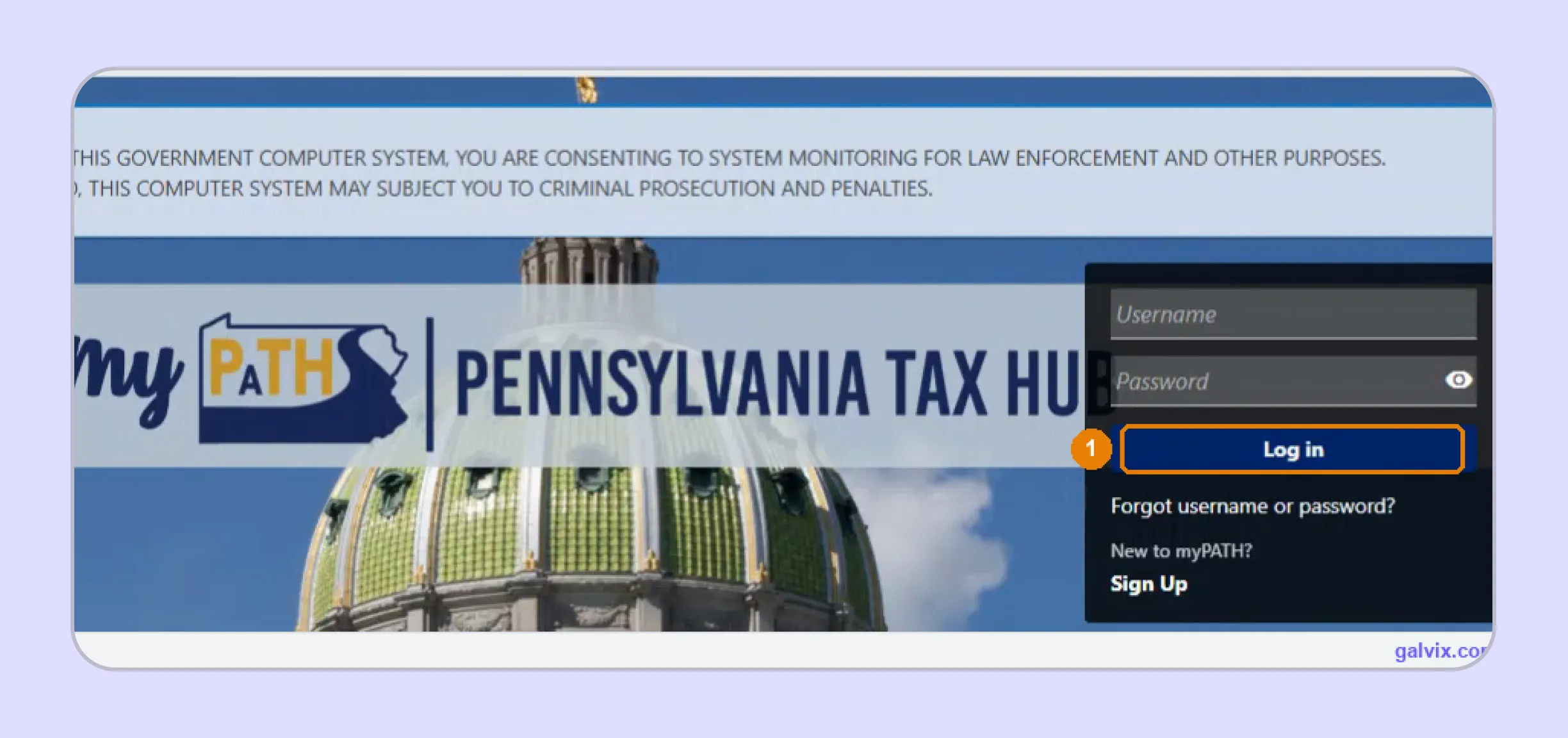PA sales tax filing login screen in myPATH