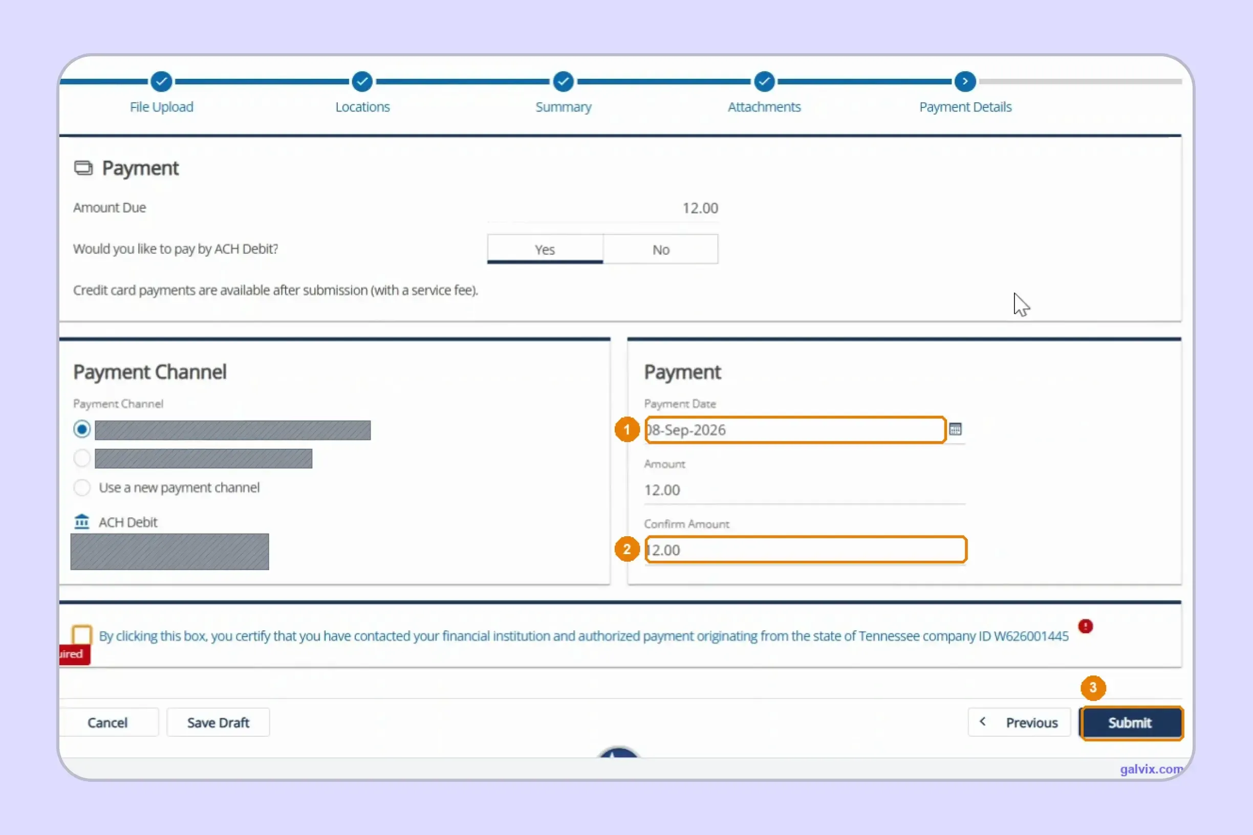 Payment entered while filing Tennessee sales tax online