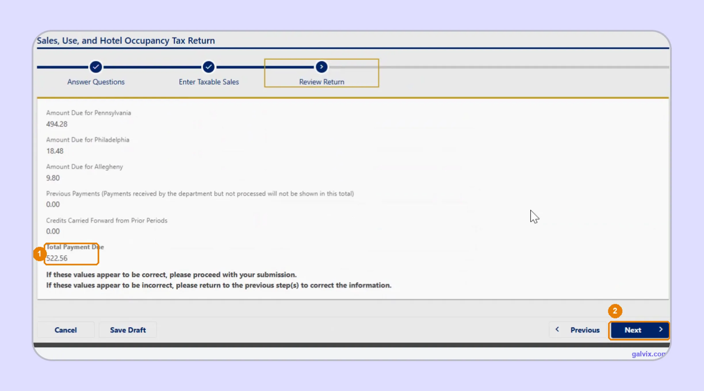 Pennsylvania sales tax return review before payment