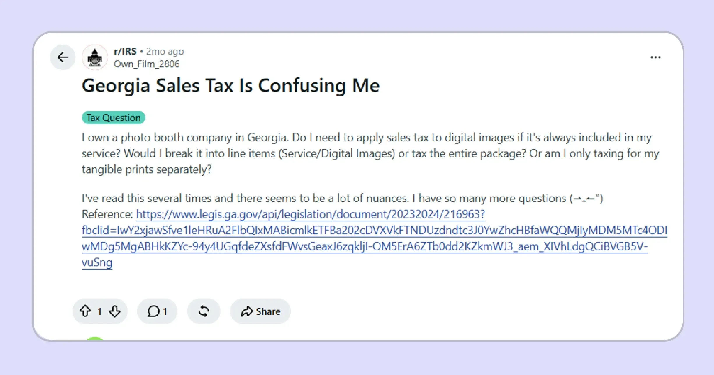 Reddit discussion about Georgia sales tax on repair invoices