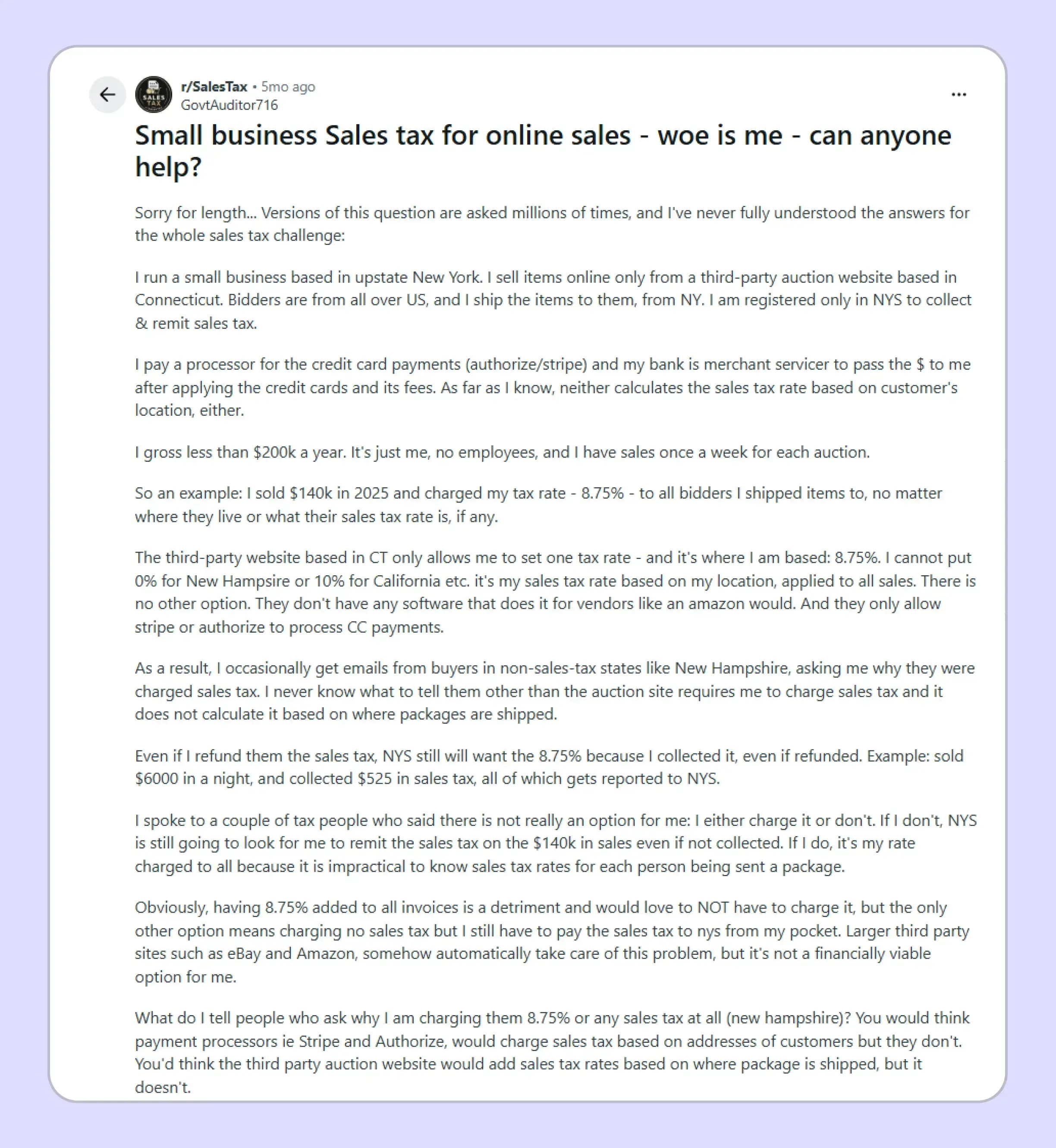 Reddit discussion about New York destination sales tax rates