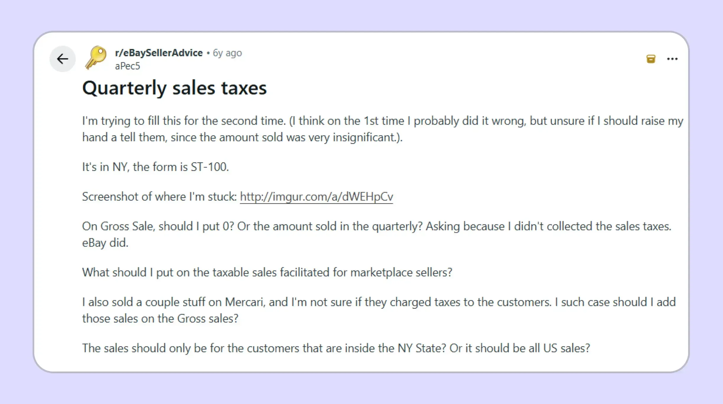 Reddit discussion about New York marketplace sales tax filing