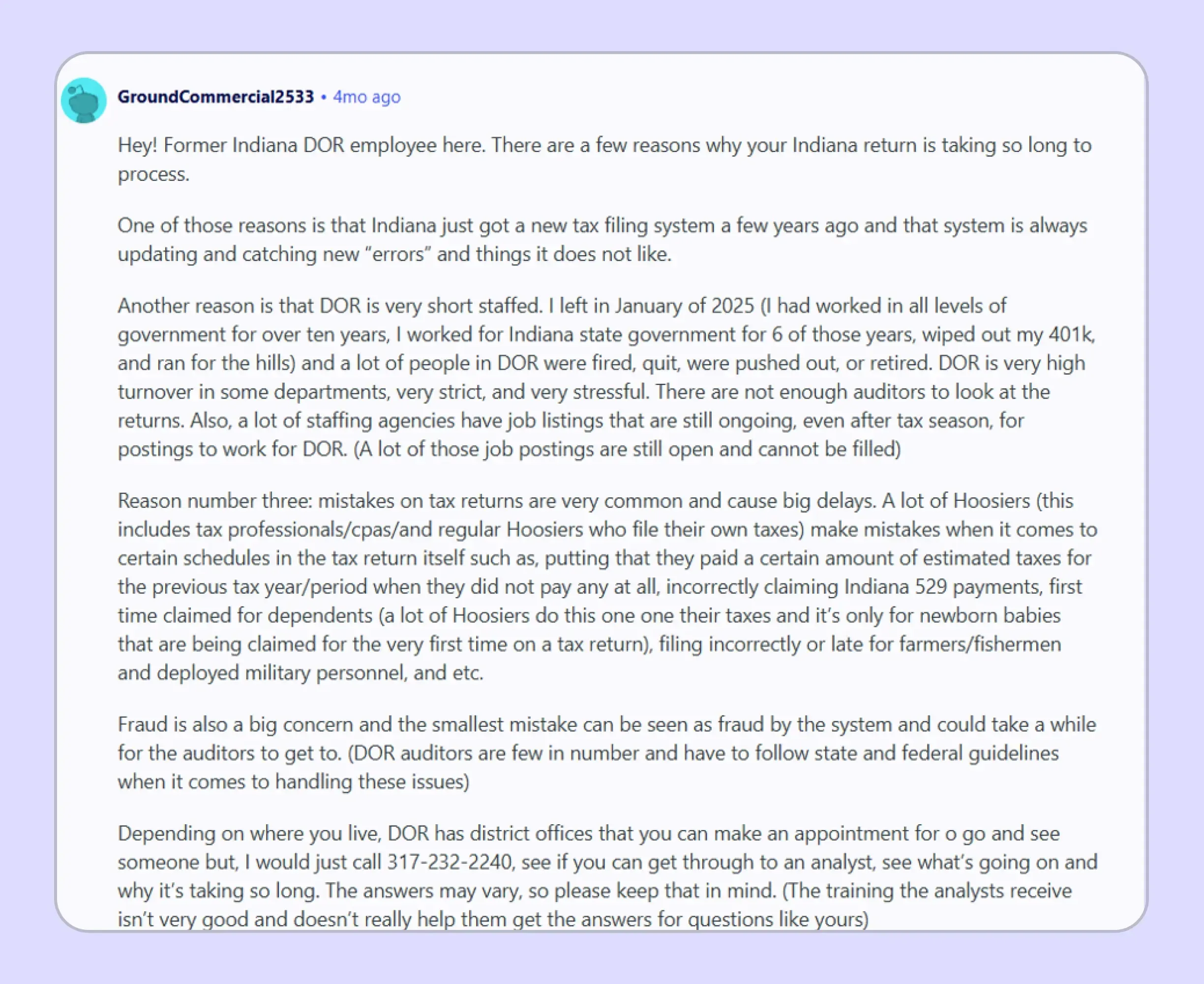 Reddit discussion about challenges with Indiana tax return processing