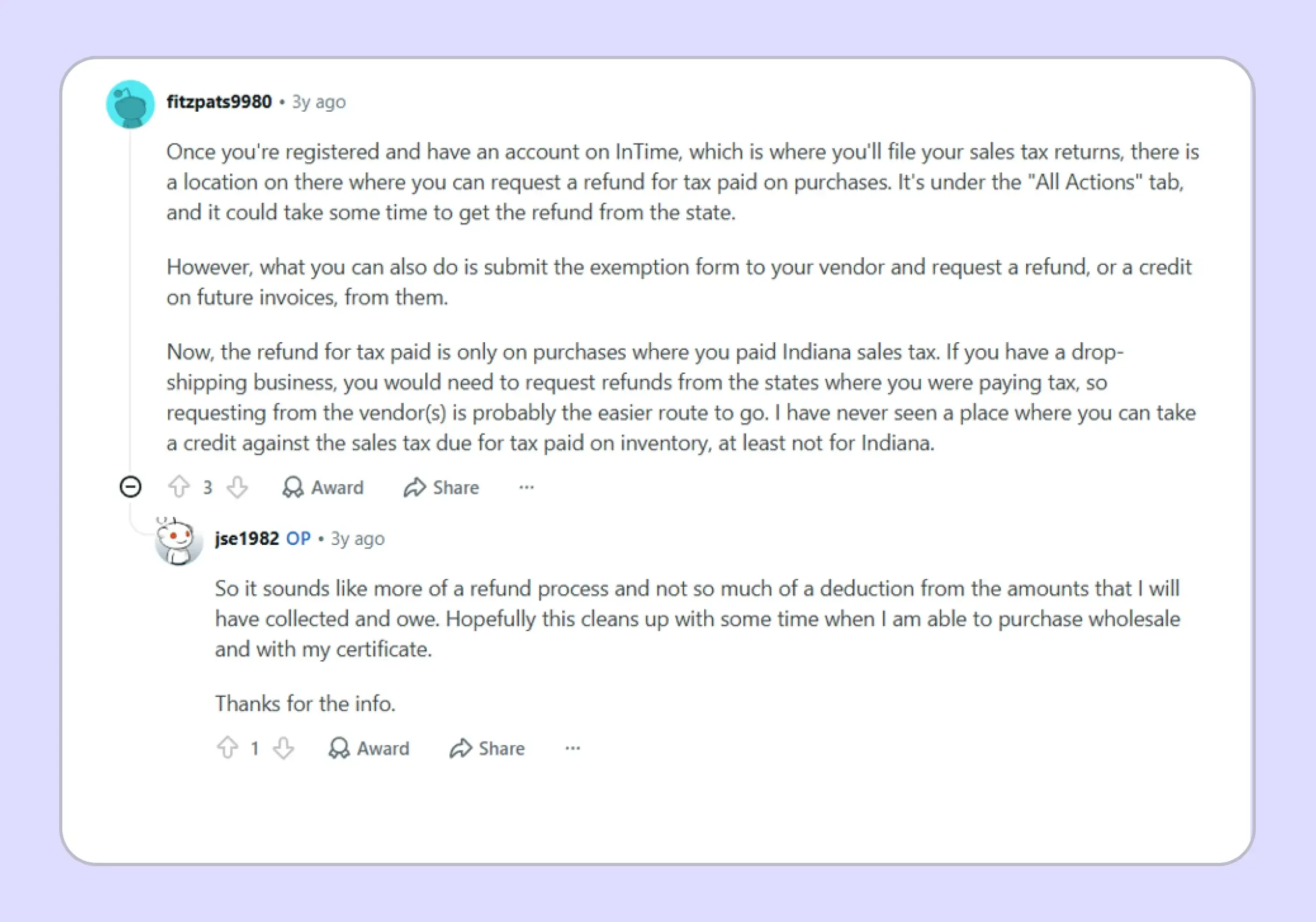 Reddit discussion about issues with Indiana sales tax filing