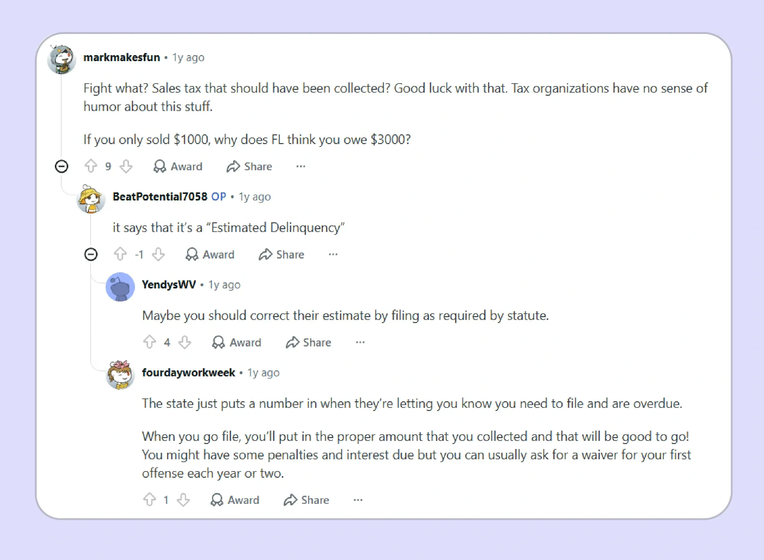 Reddit discussion about missed Florida sales tax returns (Source)