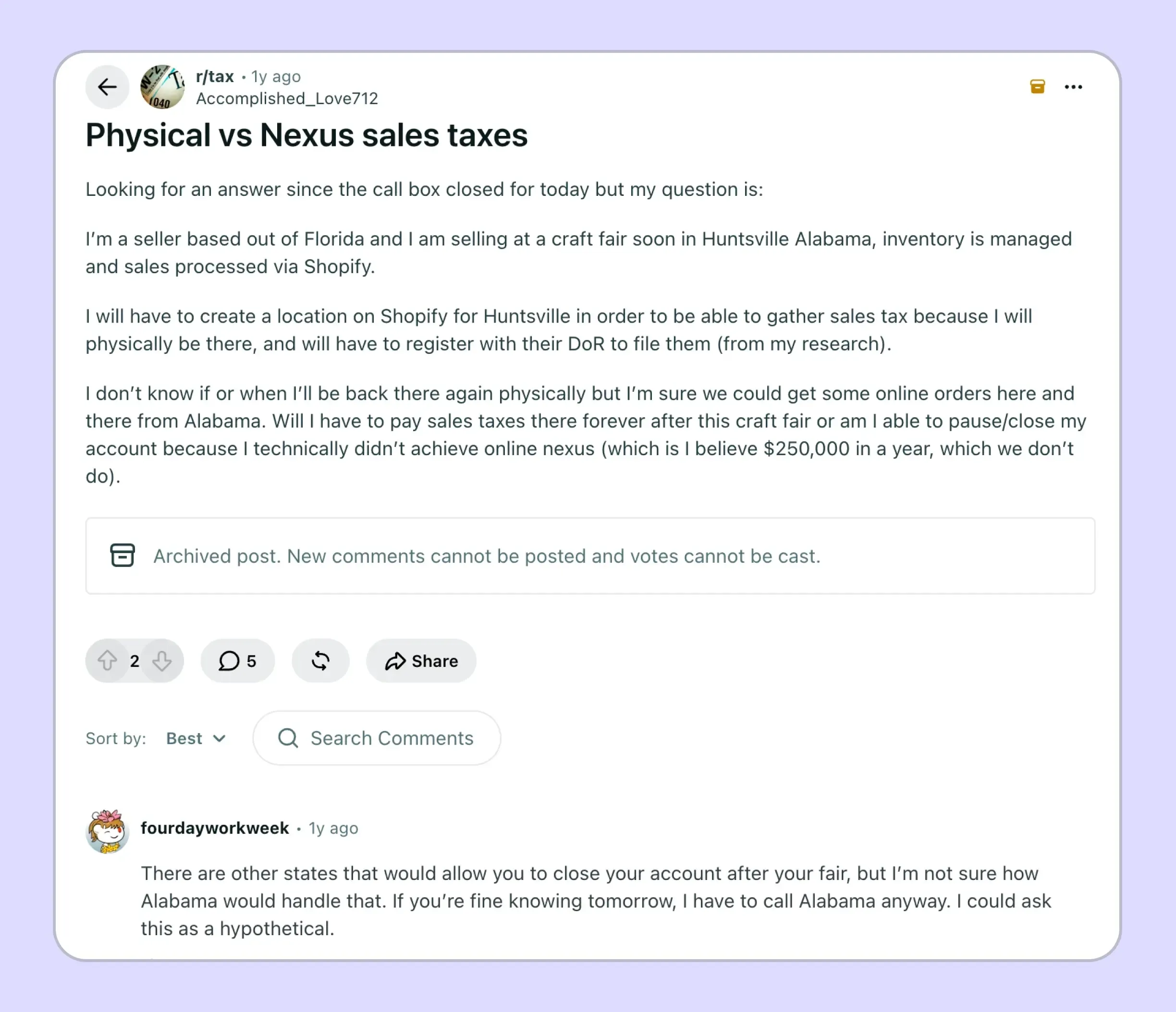 Reddit discussion around confusion with Nexus rules in Alabama