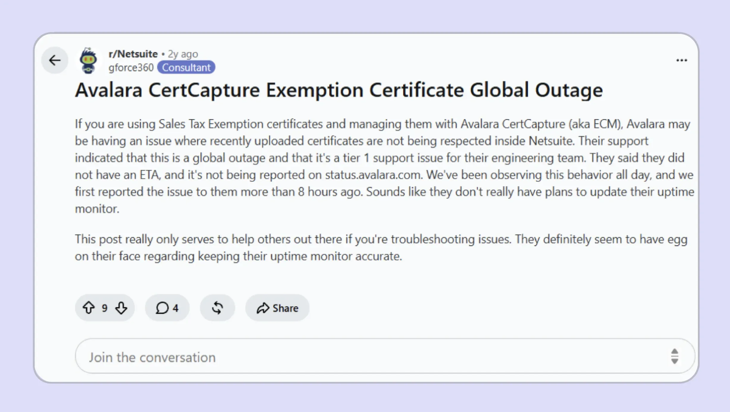 Reddit discussion on Avalara ECM’s setup complexity and completion time