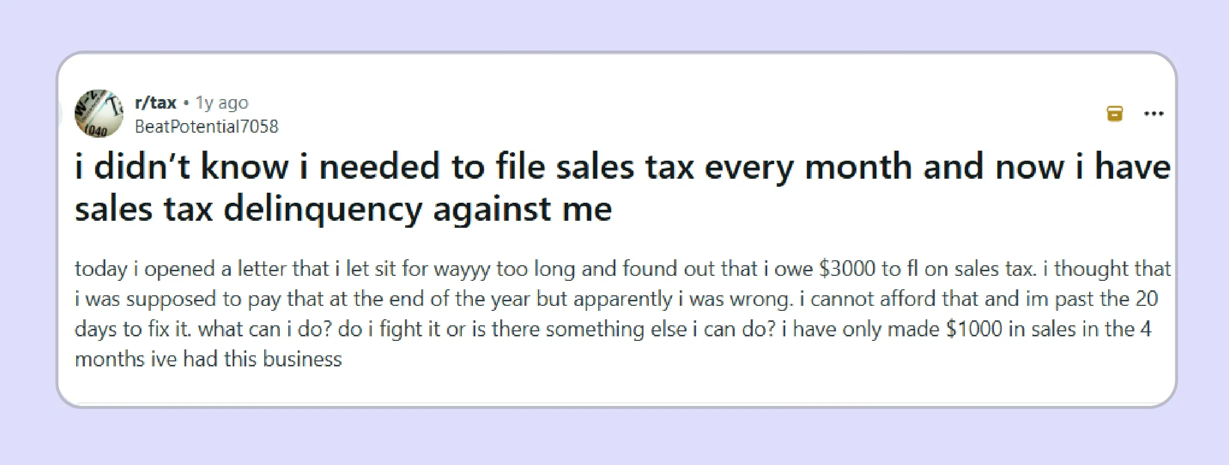 Reddit discussion showing Florida sales tax filing confusion (Source)