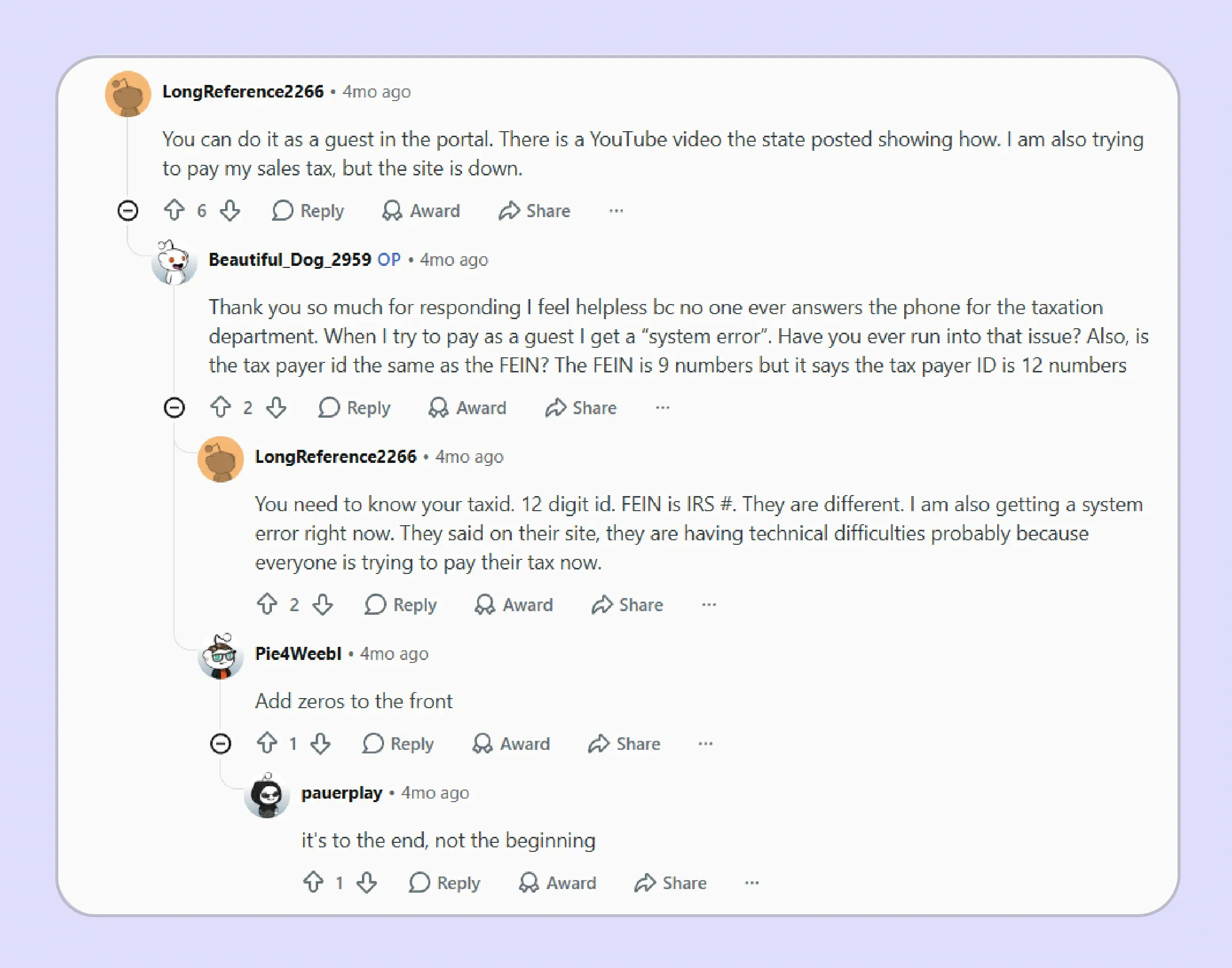 Reddit discussion showing confusion amongst people about NJ Sales Tax filing