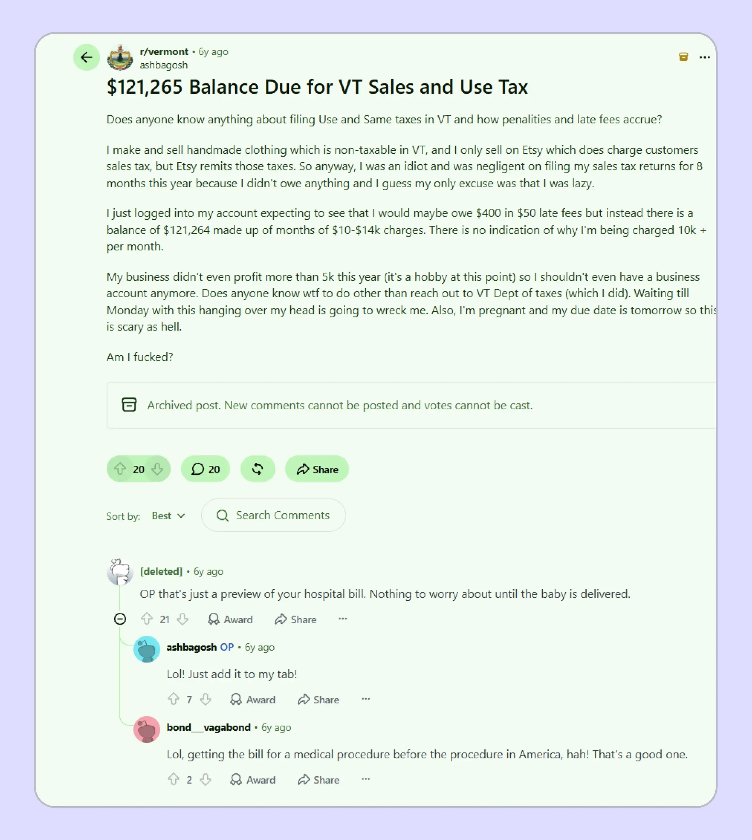 Reddit seller describes Vermont sales tax return filing confusion (Source)