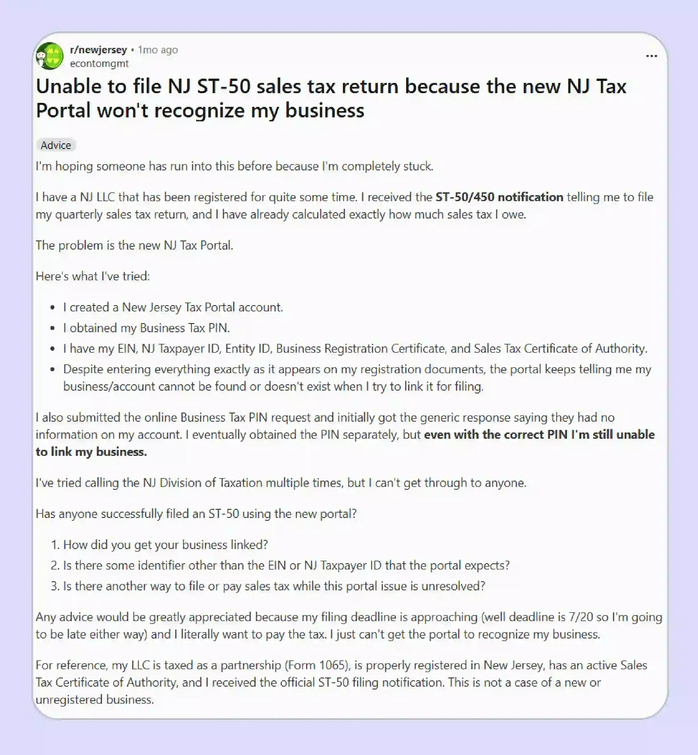 Reddit user highlighting issues faced with Form ST-50 for NJ tax filing