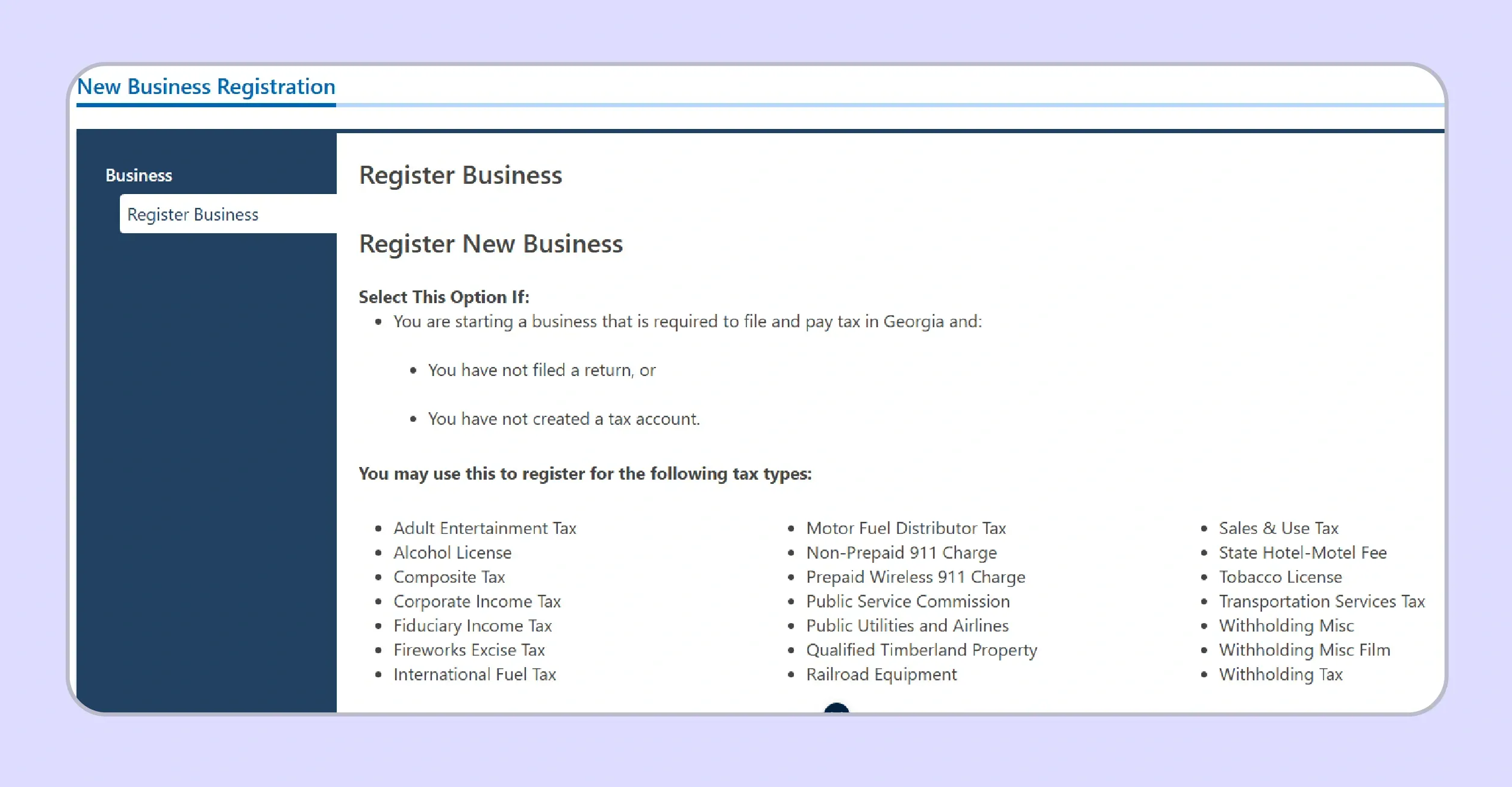Register new Georgia business option on GTC