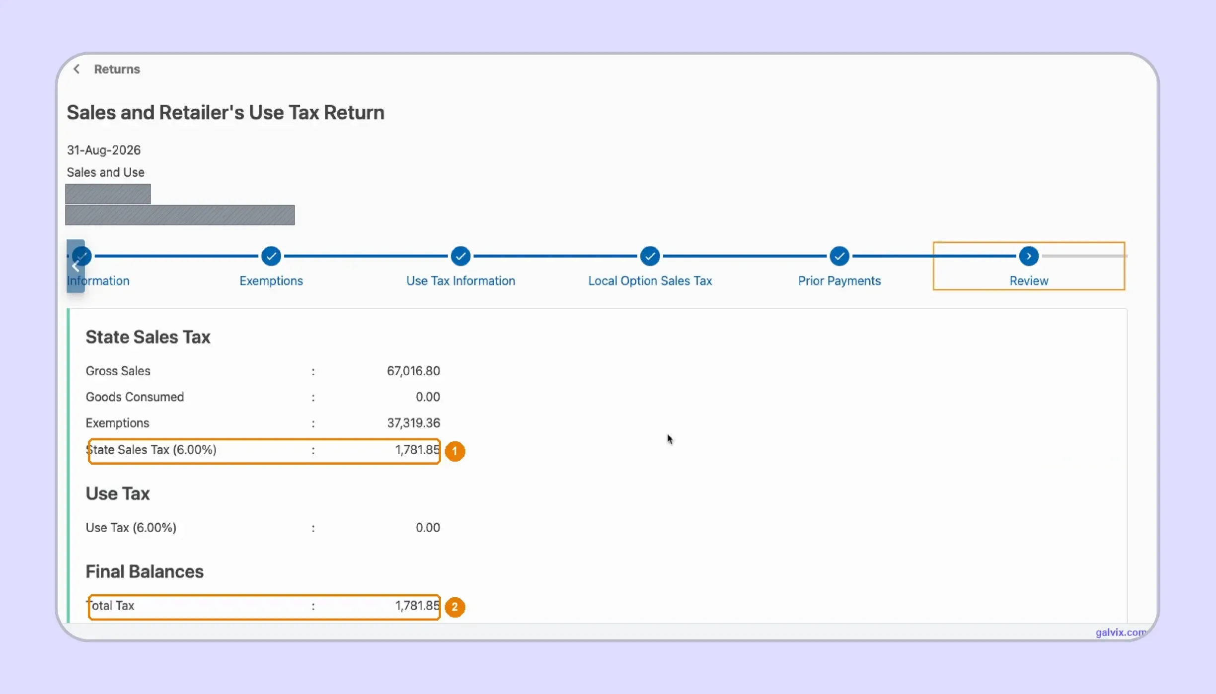 Review screen for Iowa sales tax return online