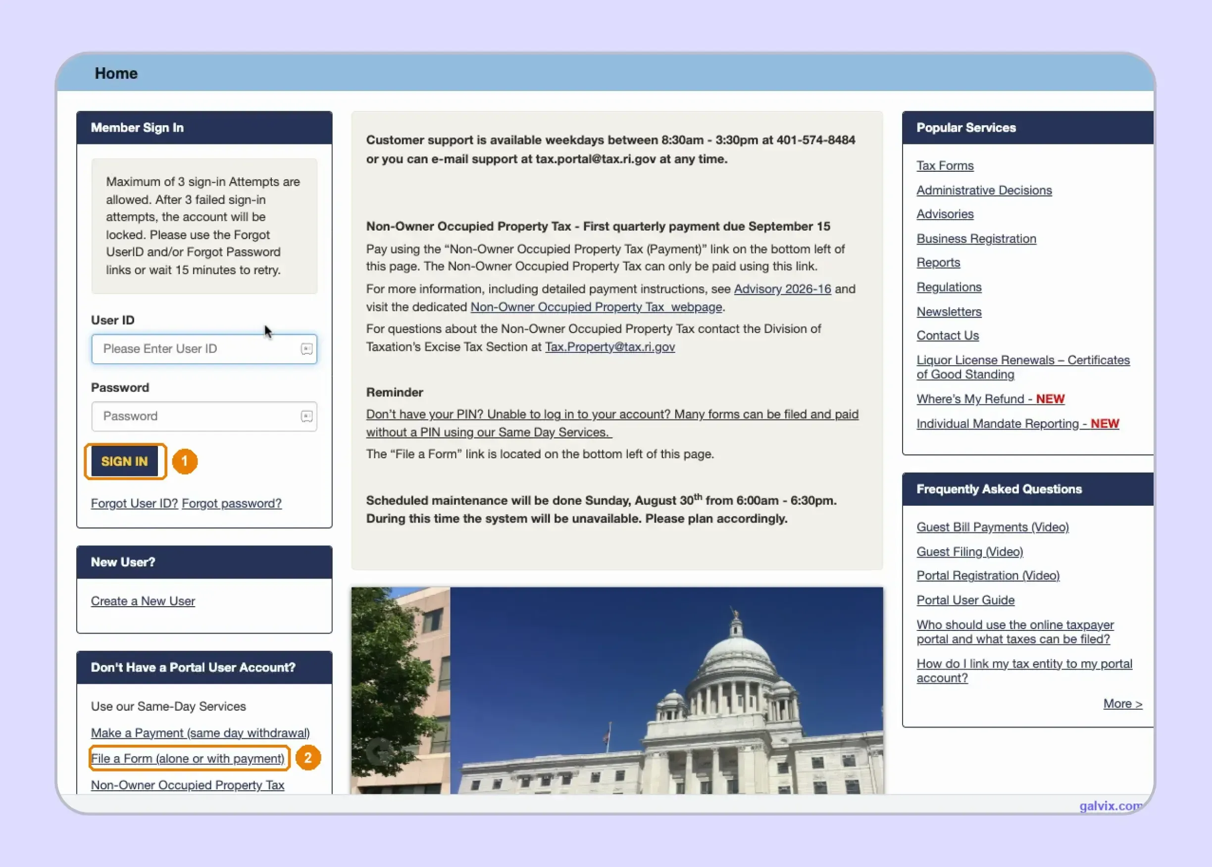 Rhode Island sales tax portal Member Sign In screen